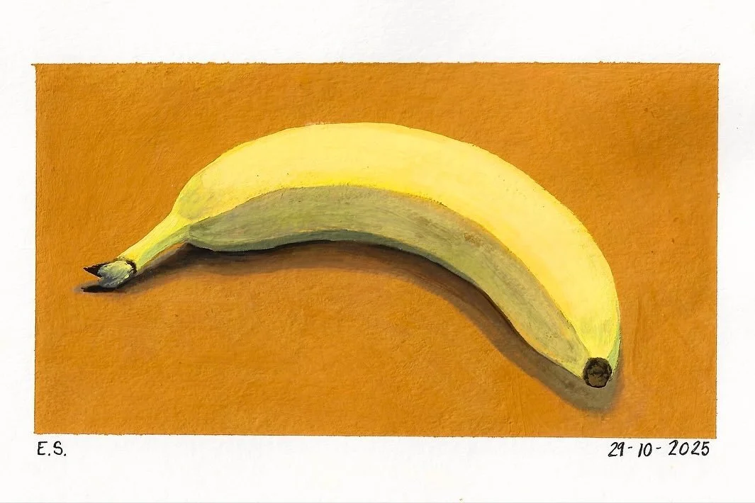 Daily painting 29/31 is a banana, which I am pleased to report tasted very good. 

#stilllifefruit #stilllifebanana #stilllifepainting #acrylicgouache #acrylicgouachestilllife #acrylicgouachepainting #holbeinacrylagouache #holbeinacrylicgouache #pain