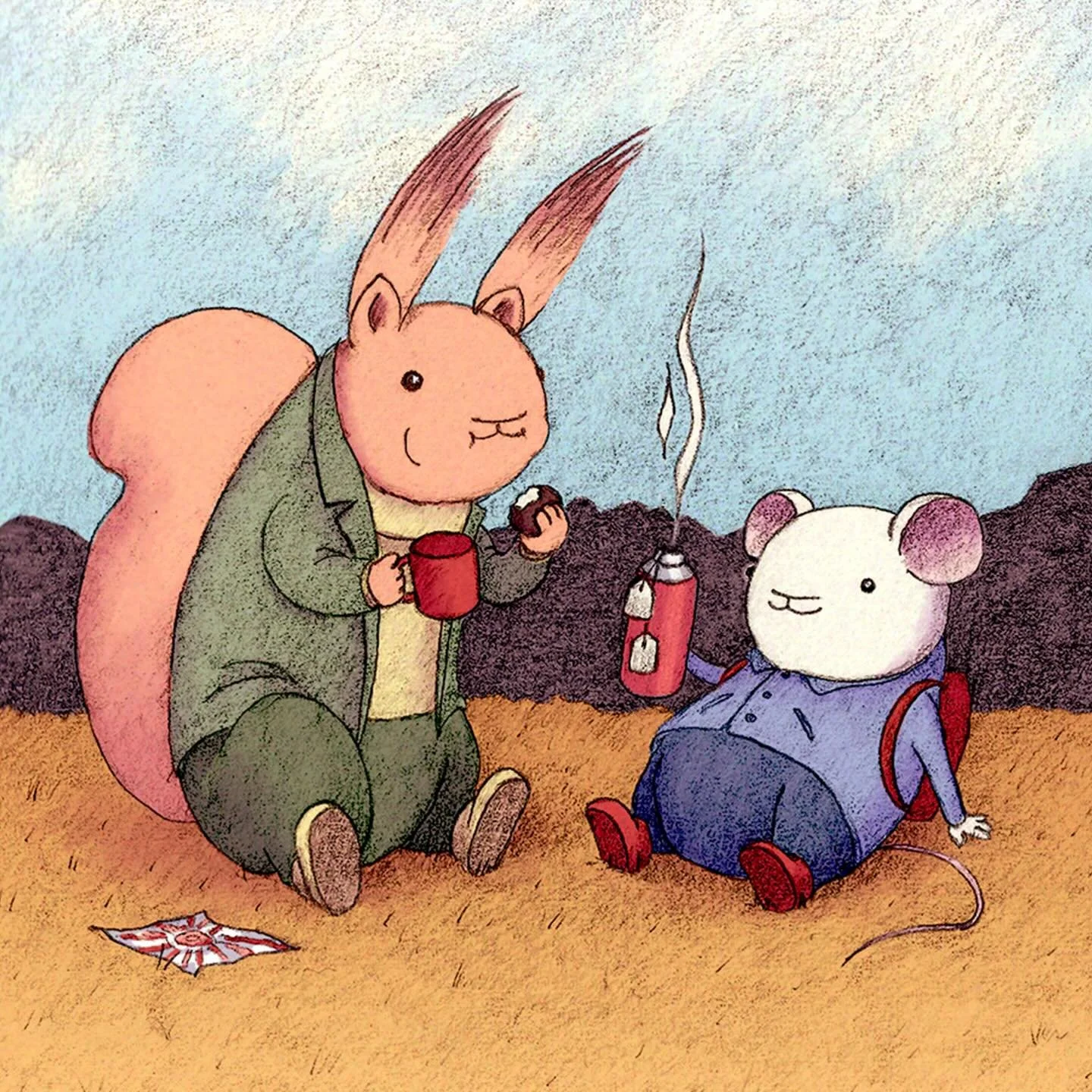 Oh to be a mouse with red shoes holding a huge insulated mug of herbal tea. 

Which character has the best outfit?

#cosyillustration #mouseillustration #redsquirrel #hillwalking #teacake