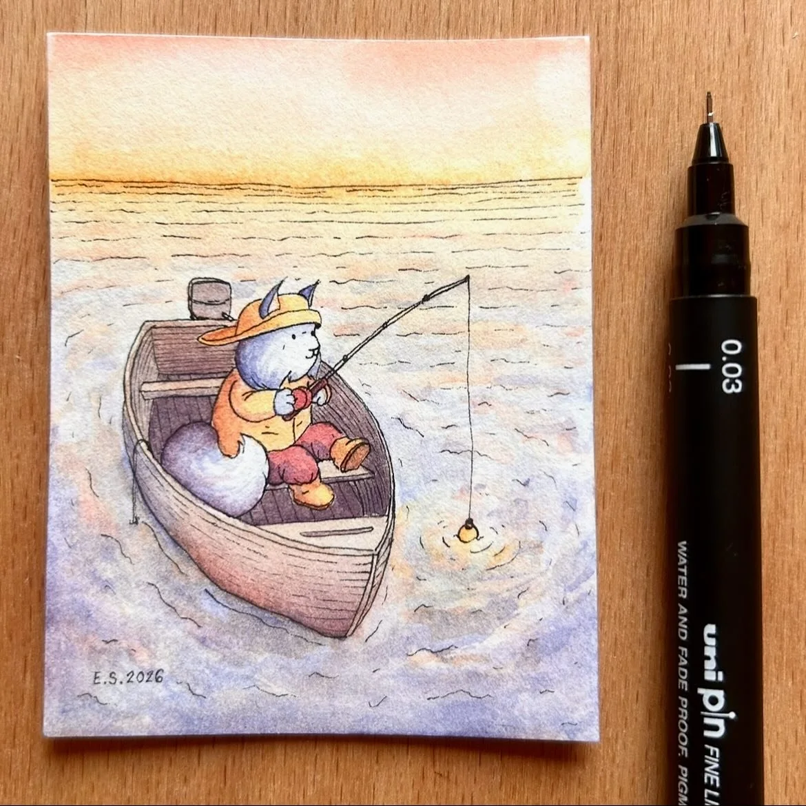 Painted a new version of a marker drawing from 2018. The best advice anyone ever gave me about markers was to use watercolours instead! 

#oldvsnewart #redrawoldart #fishingart #miniaturewatercolour #tinyillustration