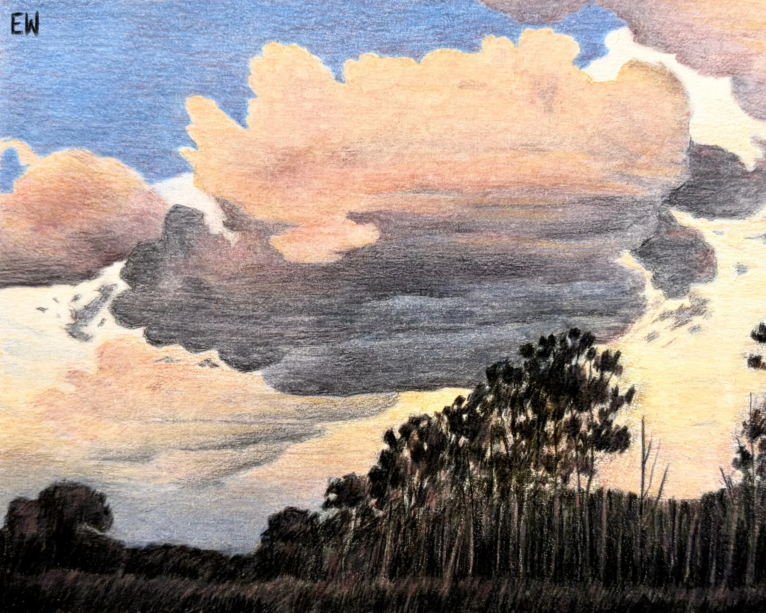 Distant Storm, colored pencil on paper, 5x4".