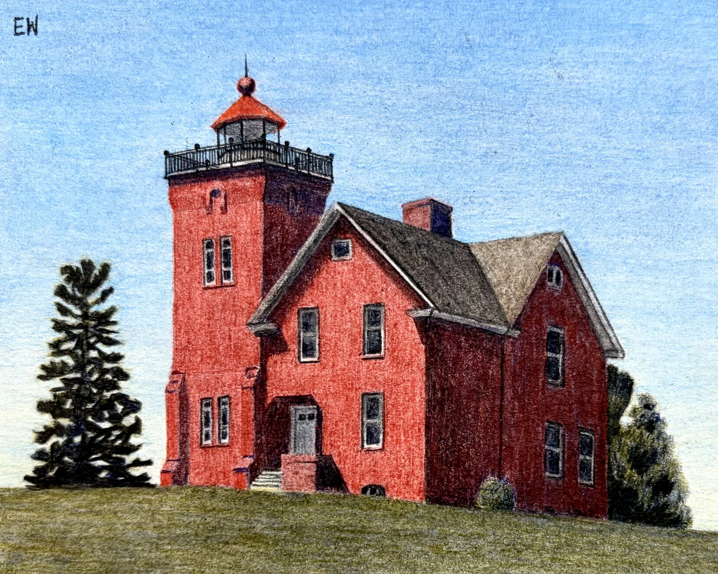 Two Harbors Lighthouse, colored pencil on paper, 5x4".