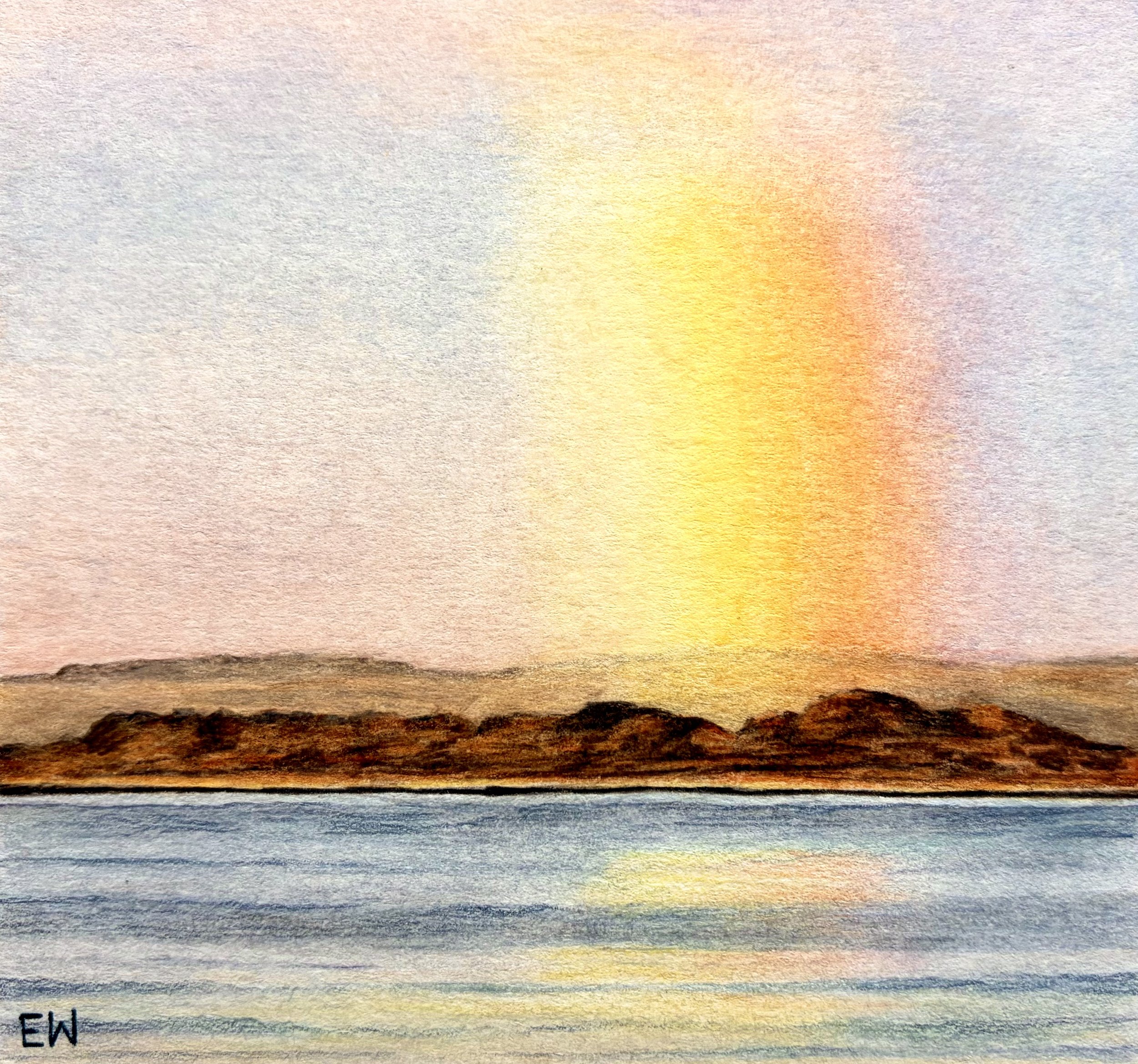 Rainbow over the Firth of Clyde, colored pencil on paper, approx. 4 x 3.8".