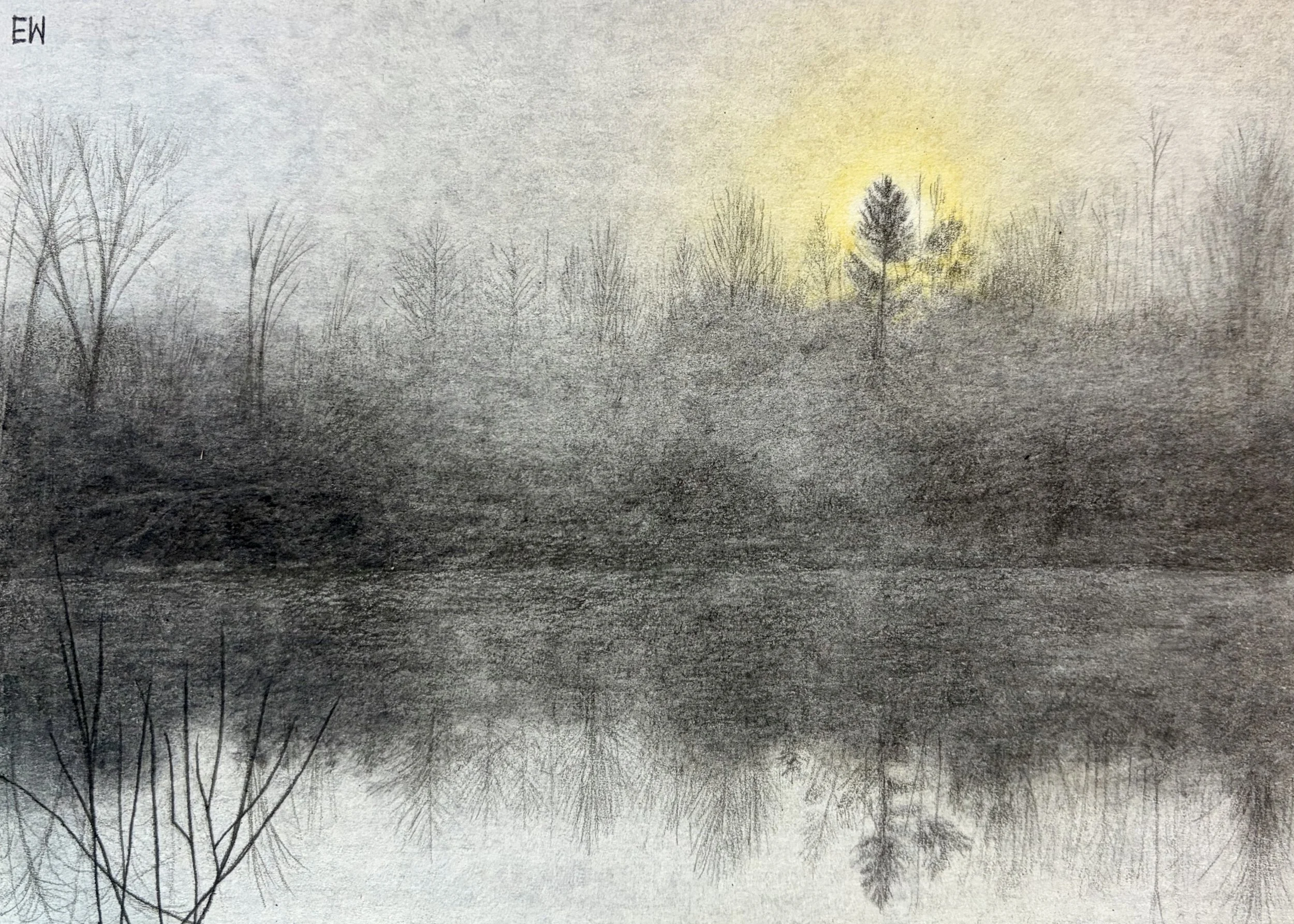 November Sunrise, colored pencil on paper, 7x5".