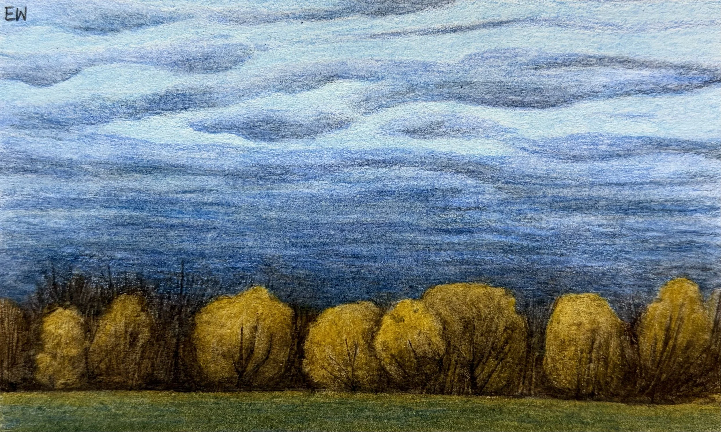 Across the Field, colored pencil on paper, 5x3".