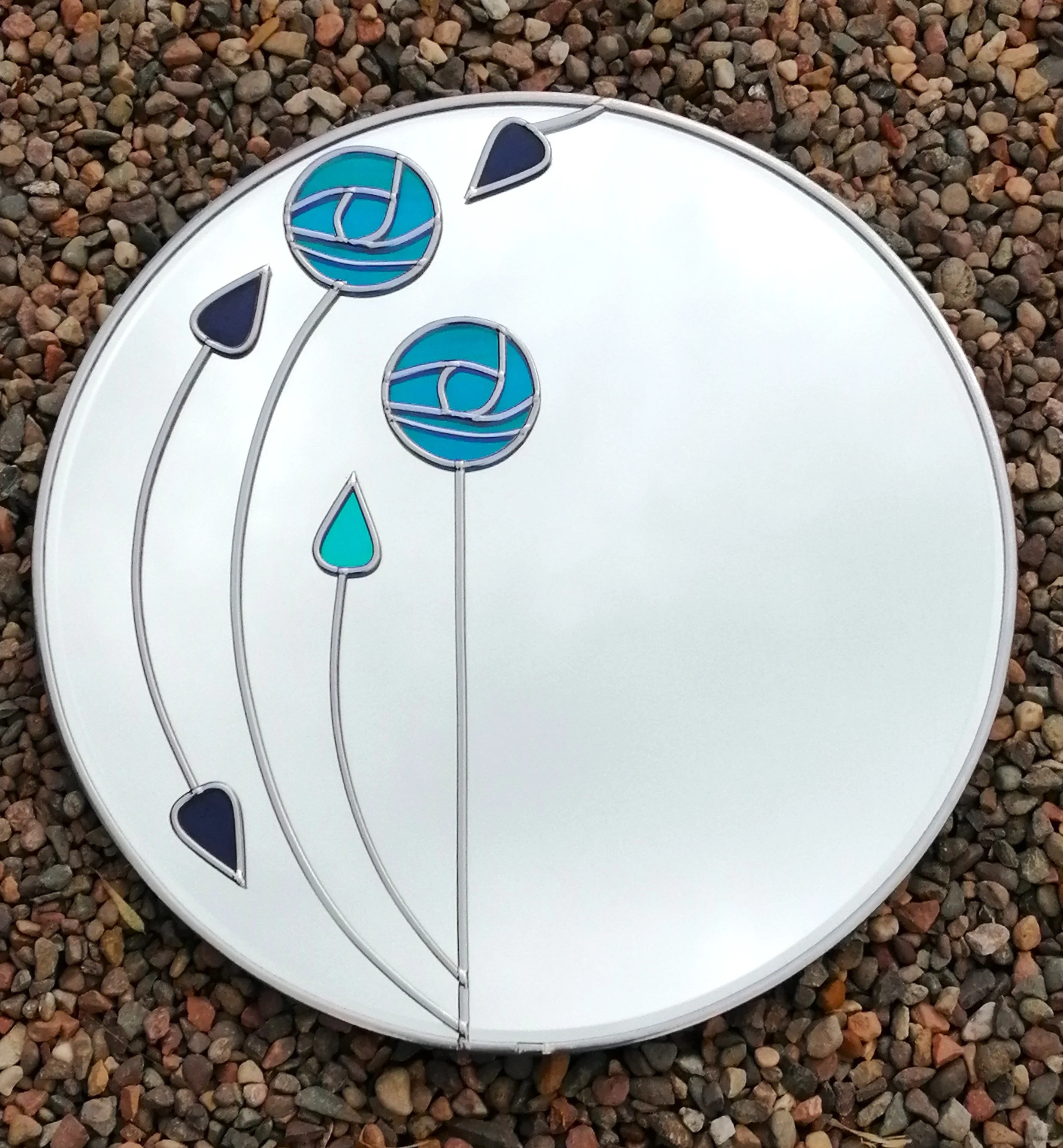 Mackintosh Inspired Art Nouveau Royal Blue and Aqua Art Stained Glass Effect Wall Mirror 35 cm Round