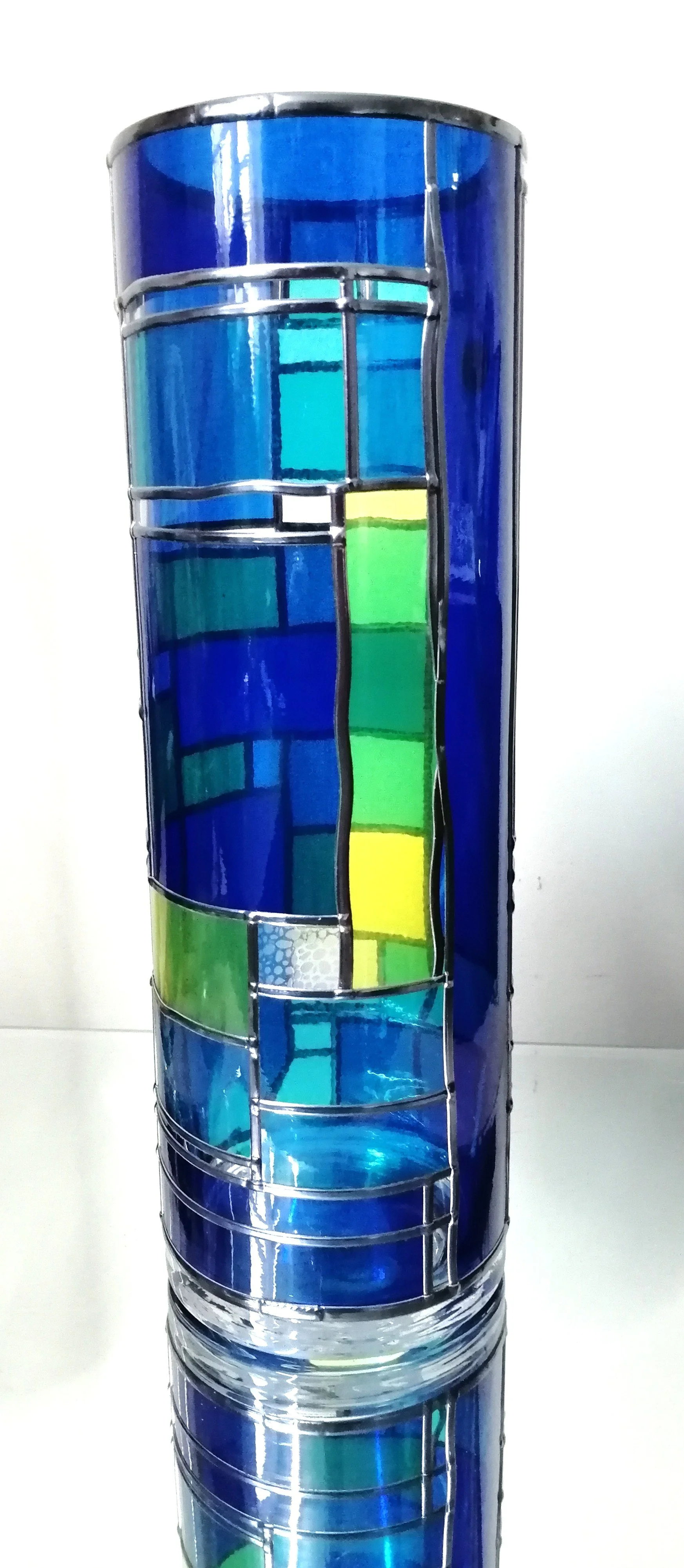 Mermaid is a Stained Glass Effect Flower Vase Hand Leaded Design Blending Art Nouveau with Art Deco in Shimmering Shades Of Blues 30cm Tall