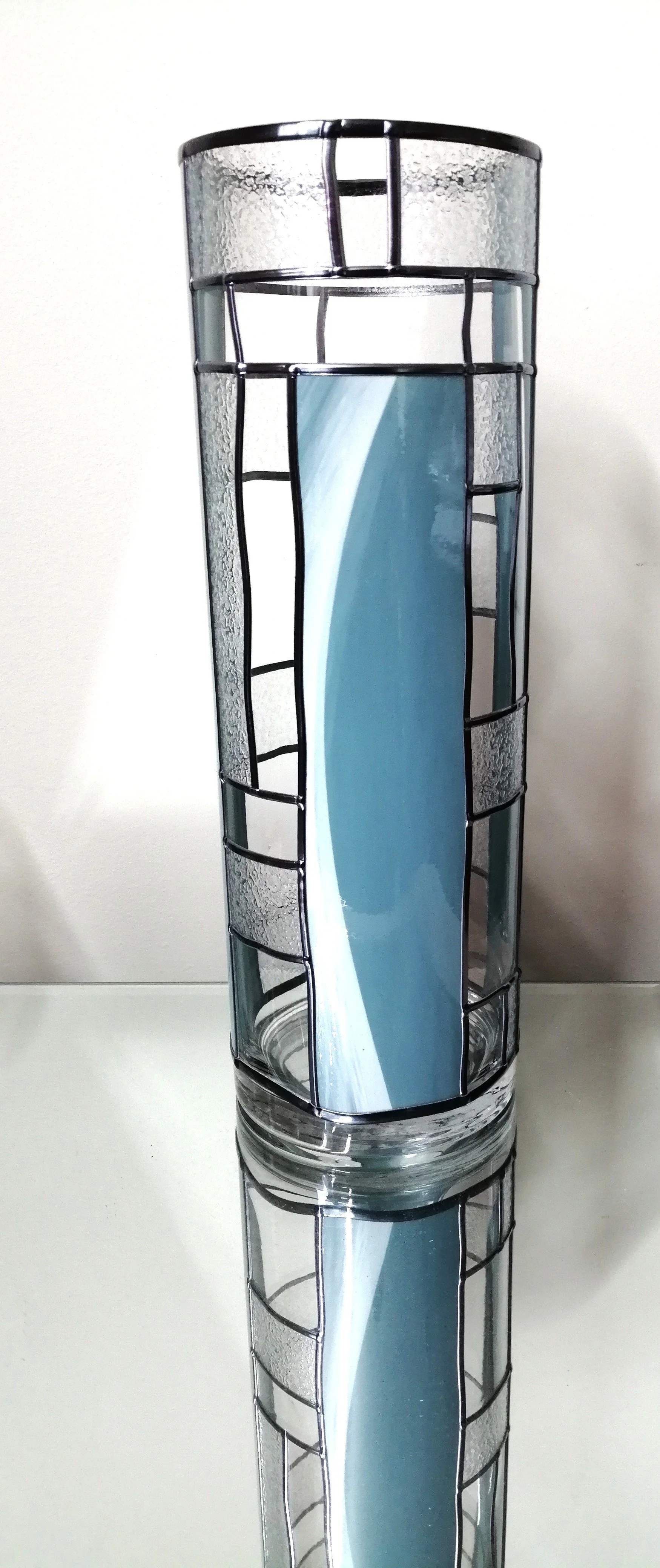 Glacial Blues is a 30cm Tall Art Deco Stained Glass Flower Vase. Handleaded Design.