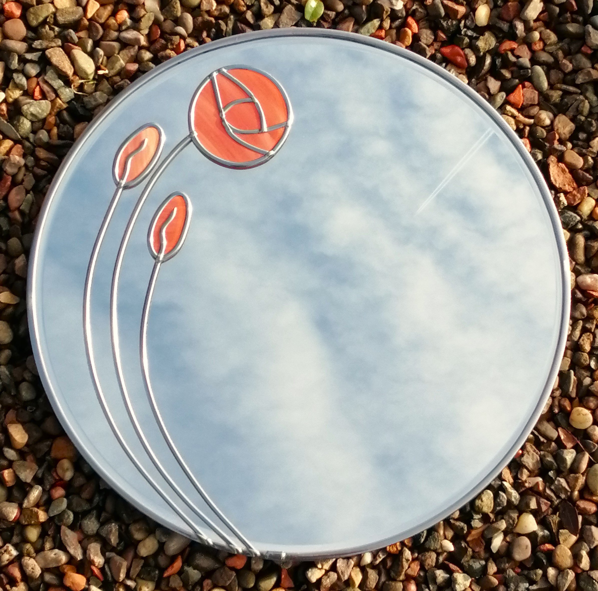 Elven Glass Signature Rose, a Mackintosh-inspired Art Nouveau-design Stained Glass Wall Mirror in Shades of Marbled Burnt Orange Terracotta