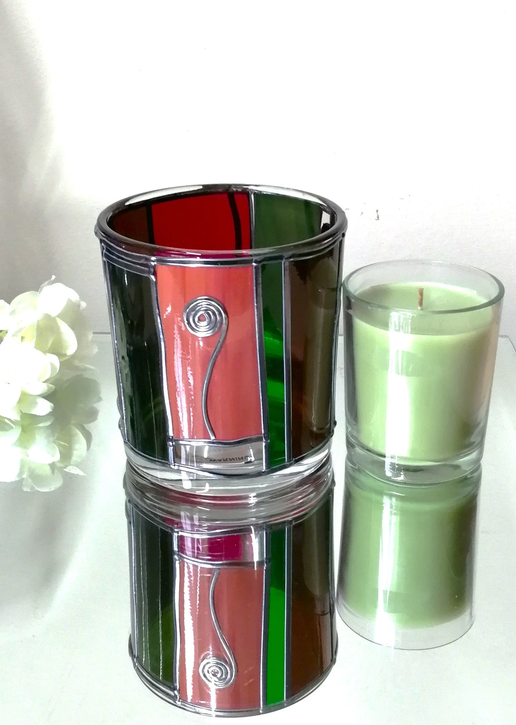 No 2 Stained Glass Effect Art Deco Leaded Design Candle Holders