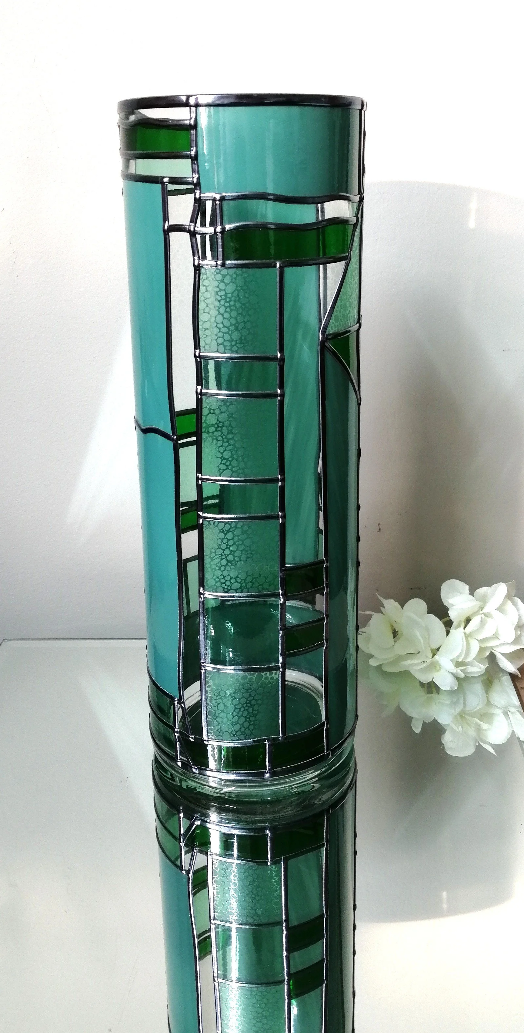 Shades of Sea Glass Green Stained Glass Effect Flower Vase.