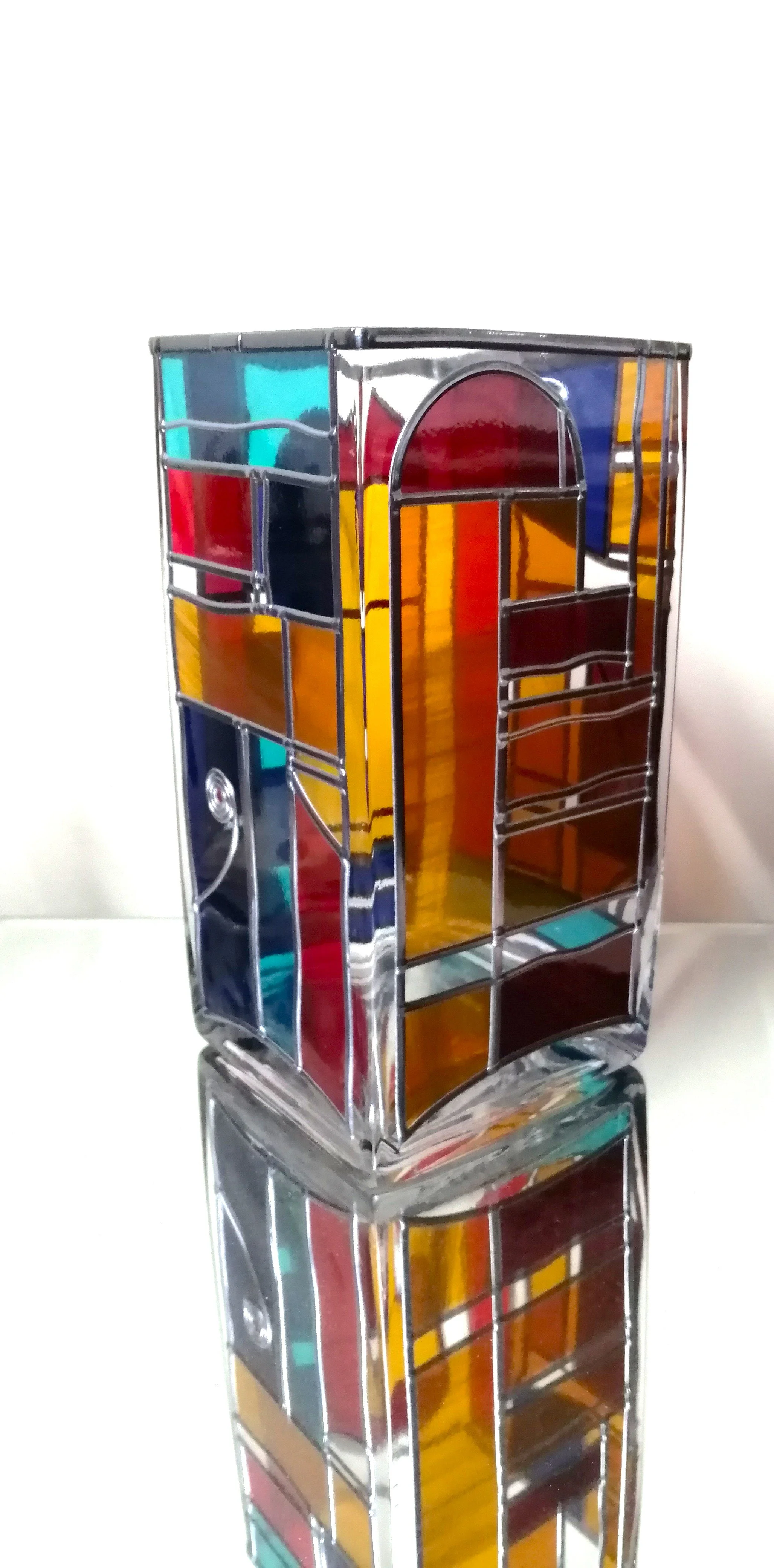 Kerala is a Large Square Stained Glass Effect Flower Vase