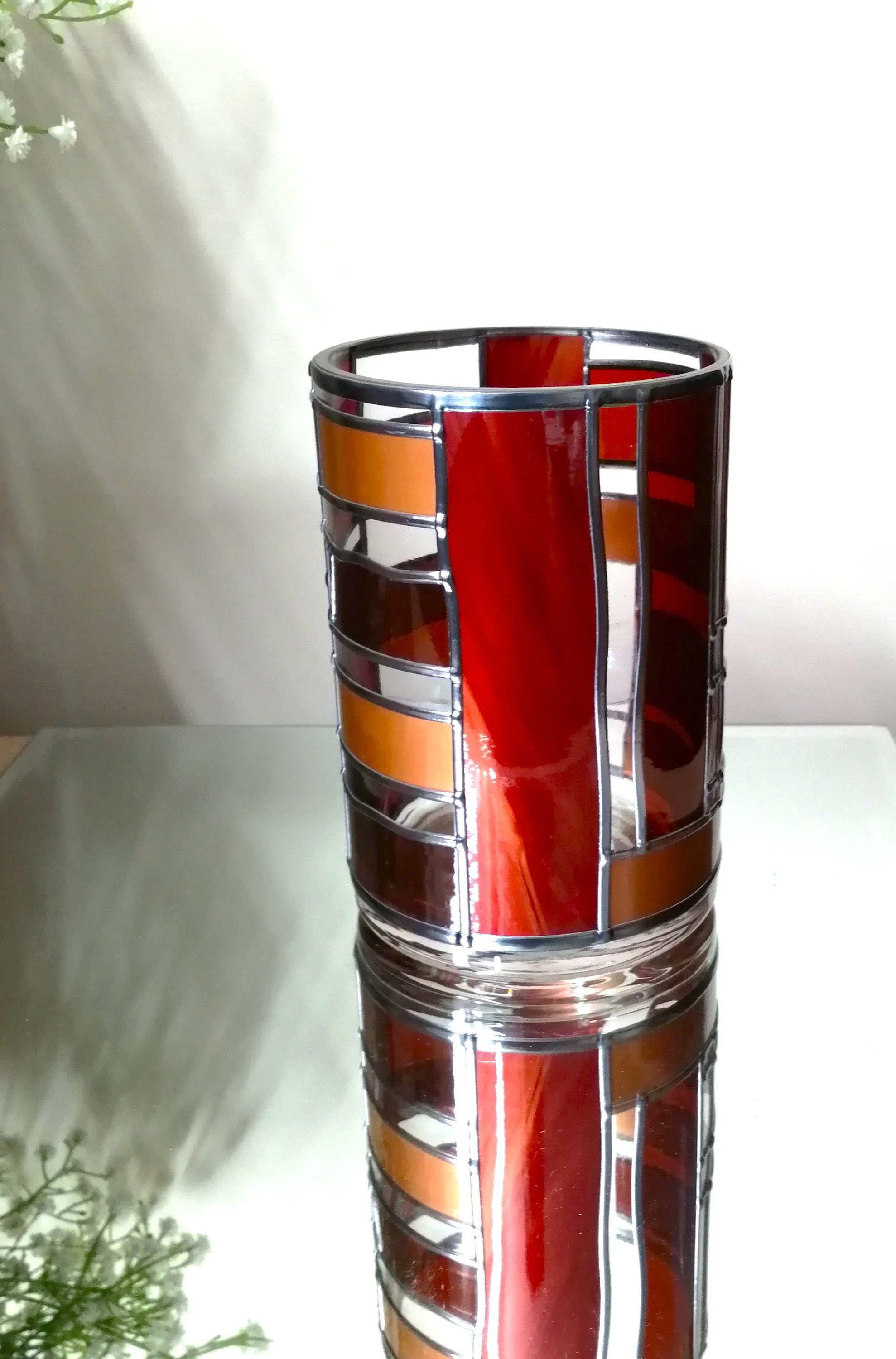 Golden Ruby Reds Stained Glass Effect Flower Vase