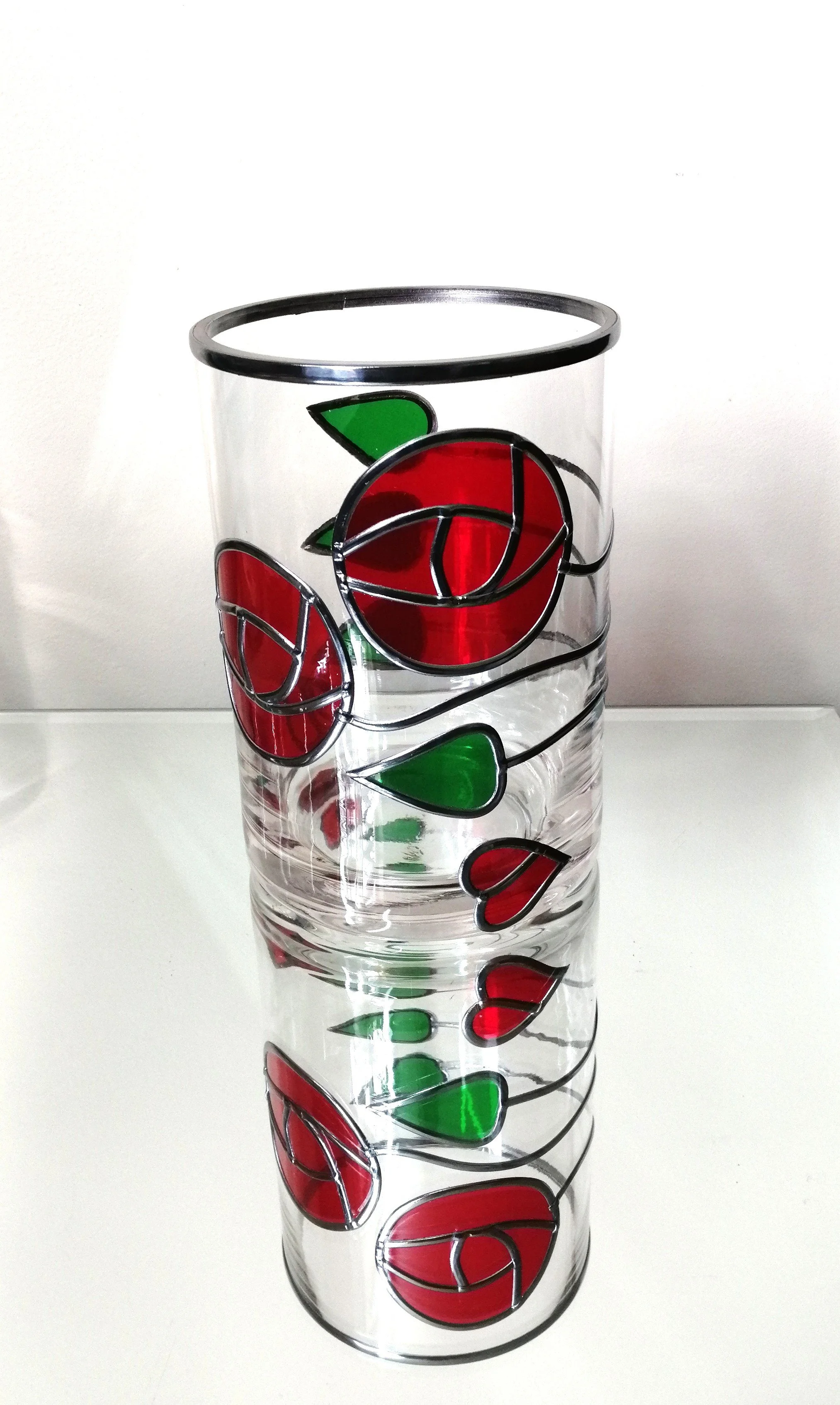 Mackintosh Inspired Stained Glass Effect Flower Vase Hearts & Roses Art Nouveau Design