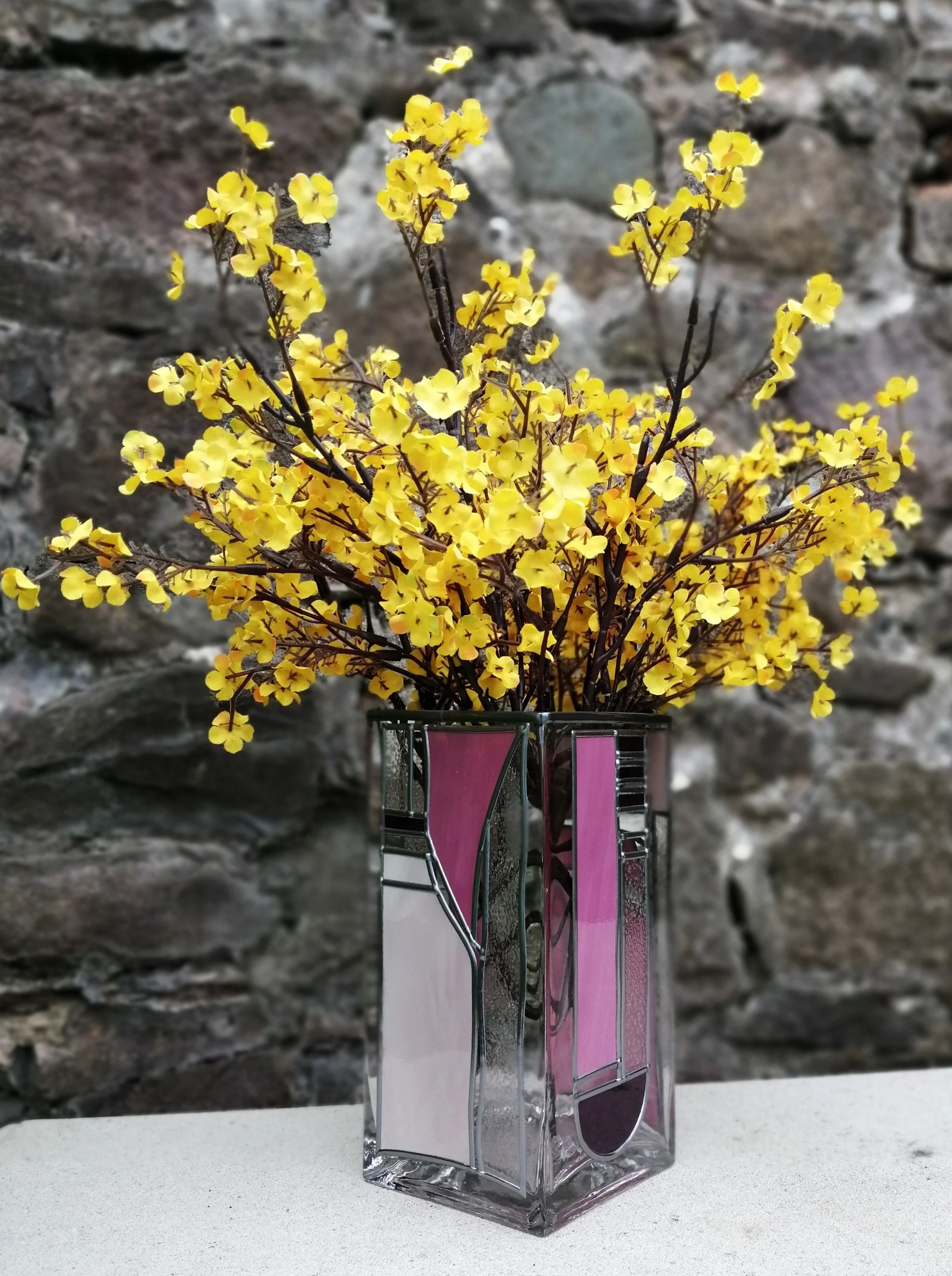 Fuchsia Delight is a Stained Glass Effect Flower Vase Hand Leaded Art Deco Design.