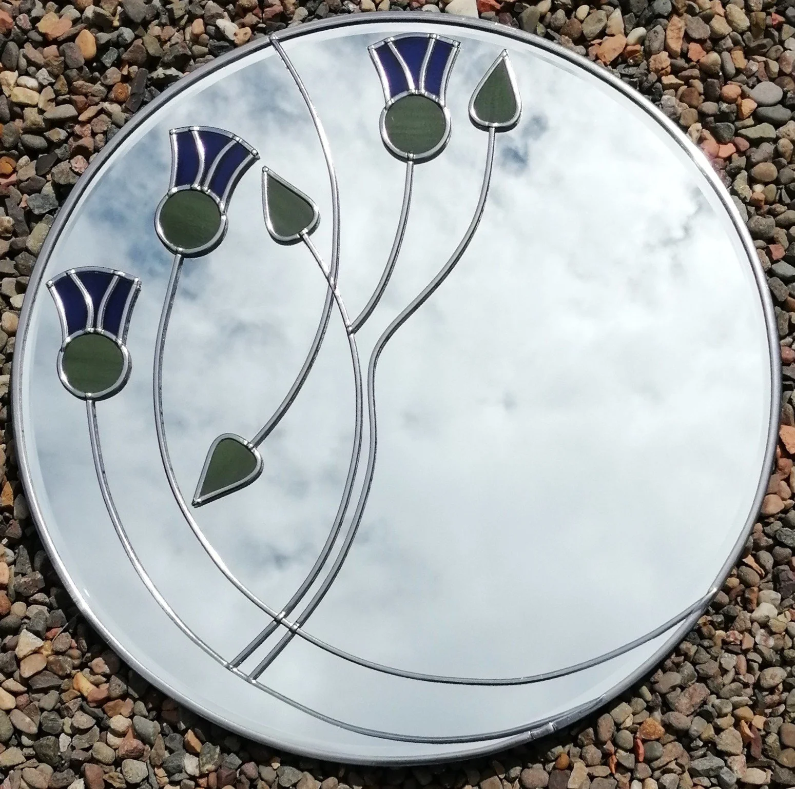 Scottish Thistles Stained Glass Effect Wall Mirror 35cm round hand leaded Art Nouveau design.