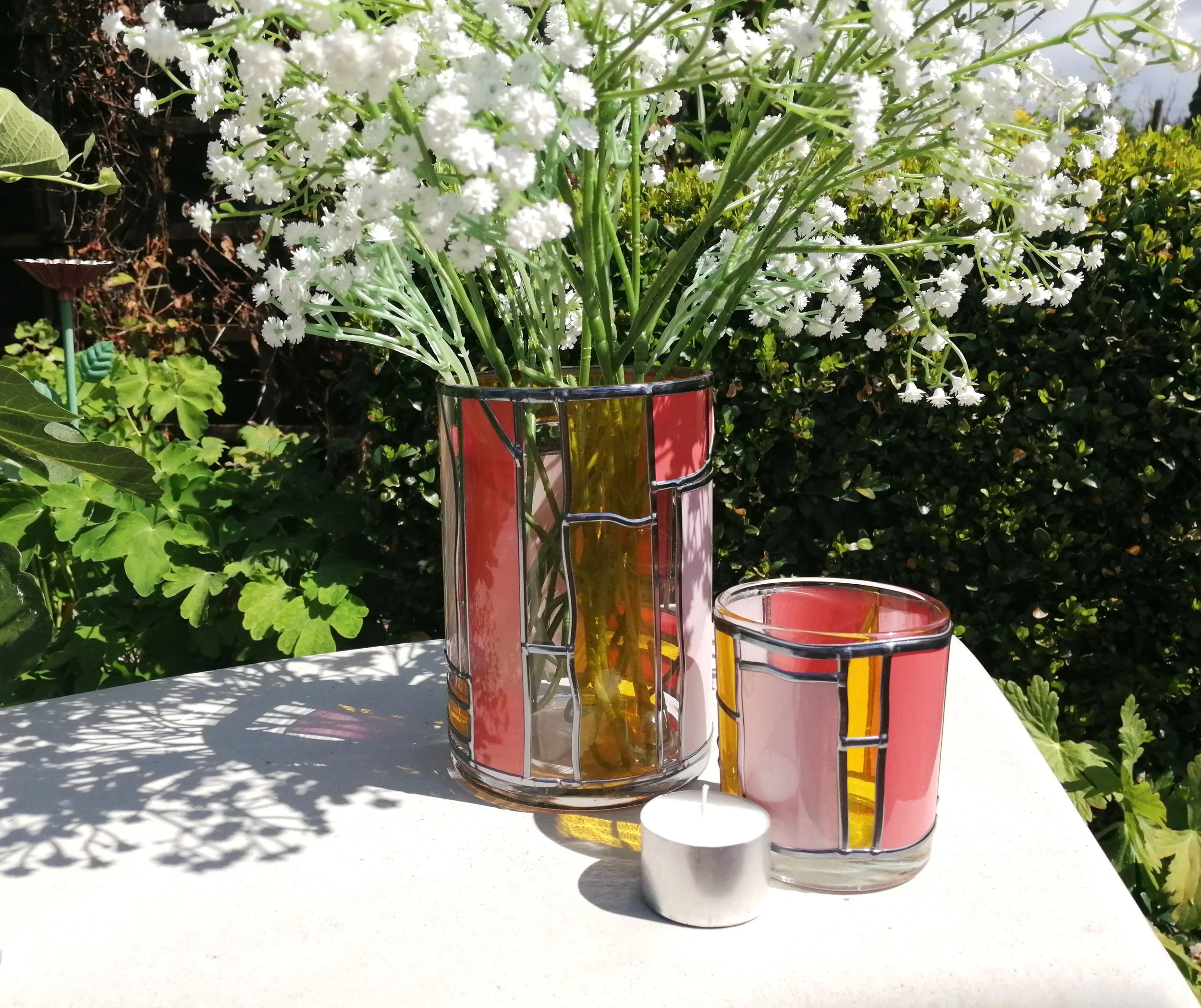 Stained Glass Effect Vase and Candle Holder Set – Art Deco Marbled Pink and Yellow Designs
