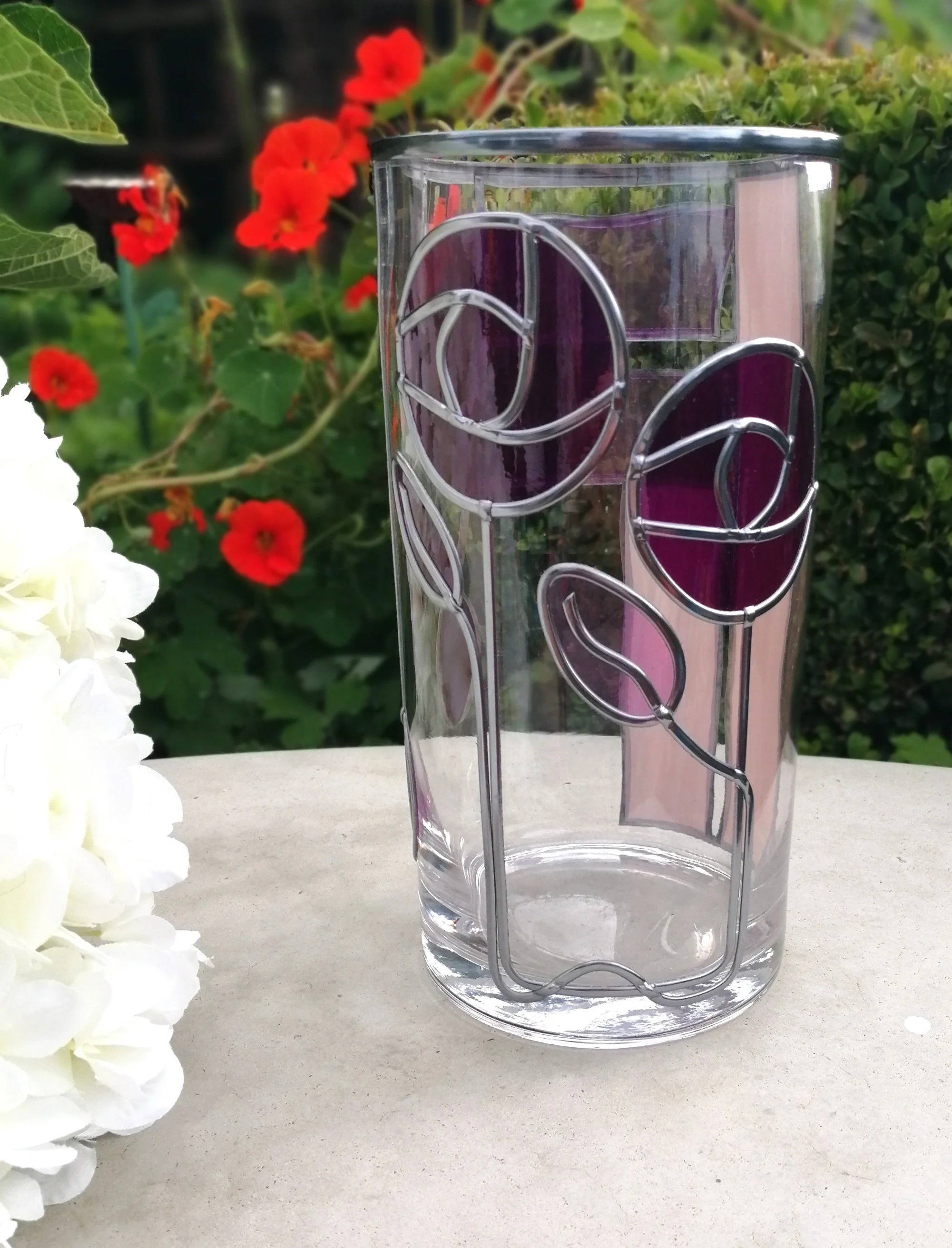 Plum and Lilac Mackintosh Inspired Stained Glass Effect Flower Vase