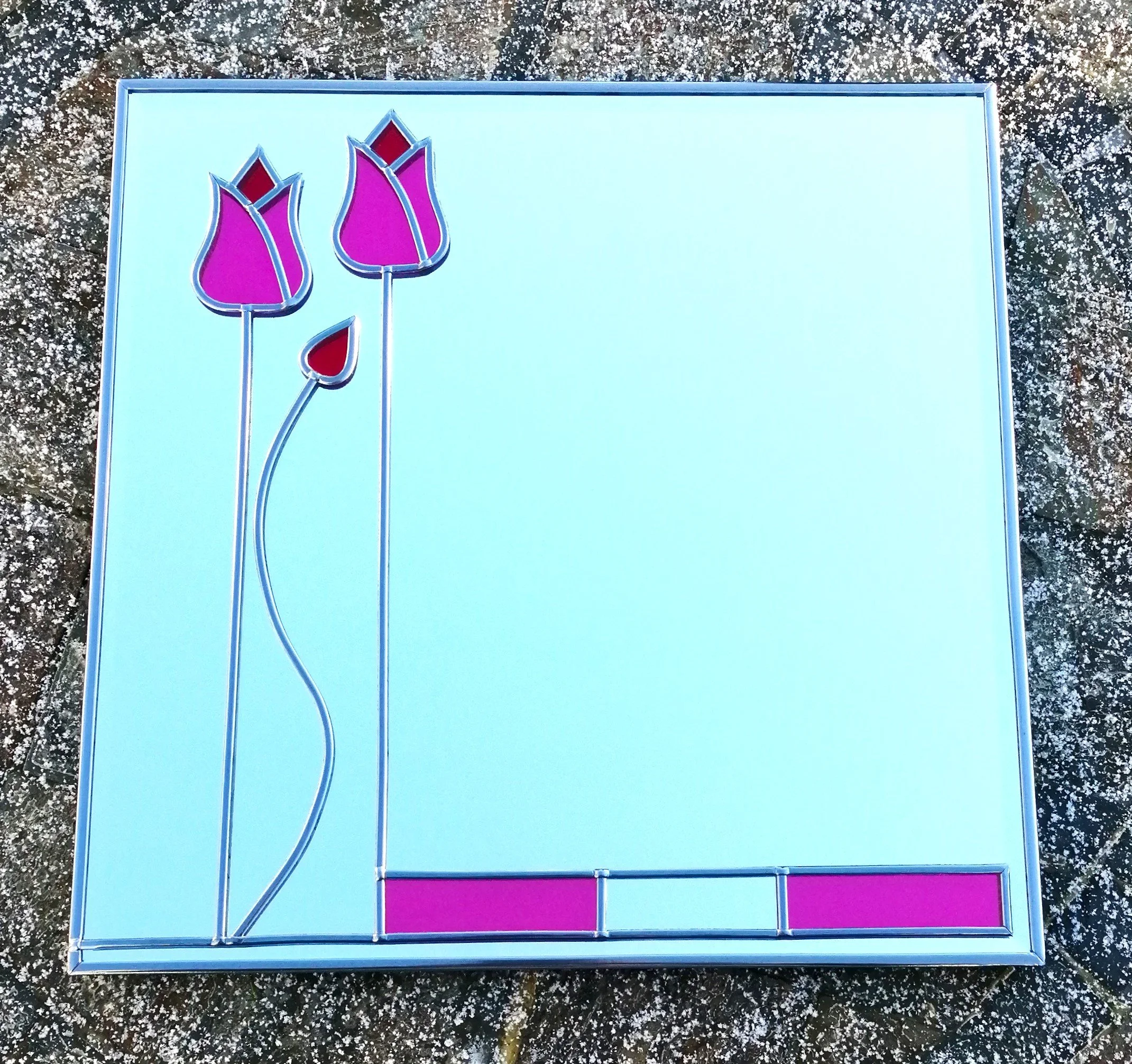 Tulip Love is a Stained Glass Effect Wall Mirror Hand Leaded Art Nouveau Design in Gentle Pink with Red 30cm Square Comes Ready To Hang