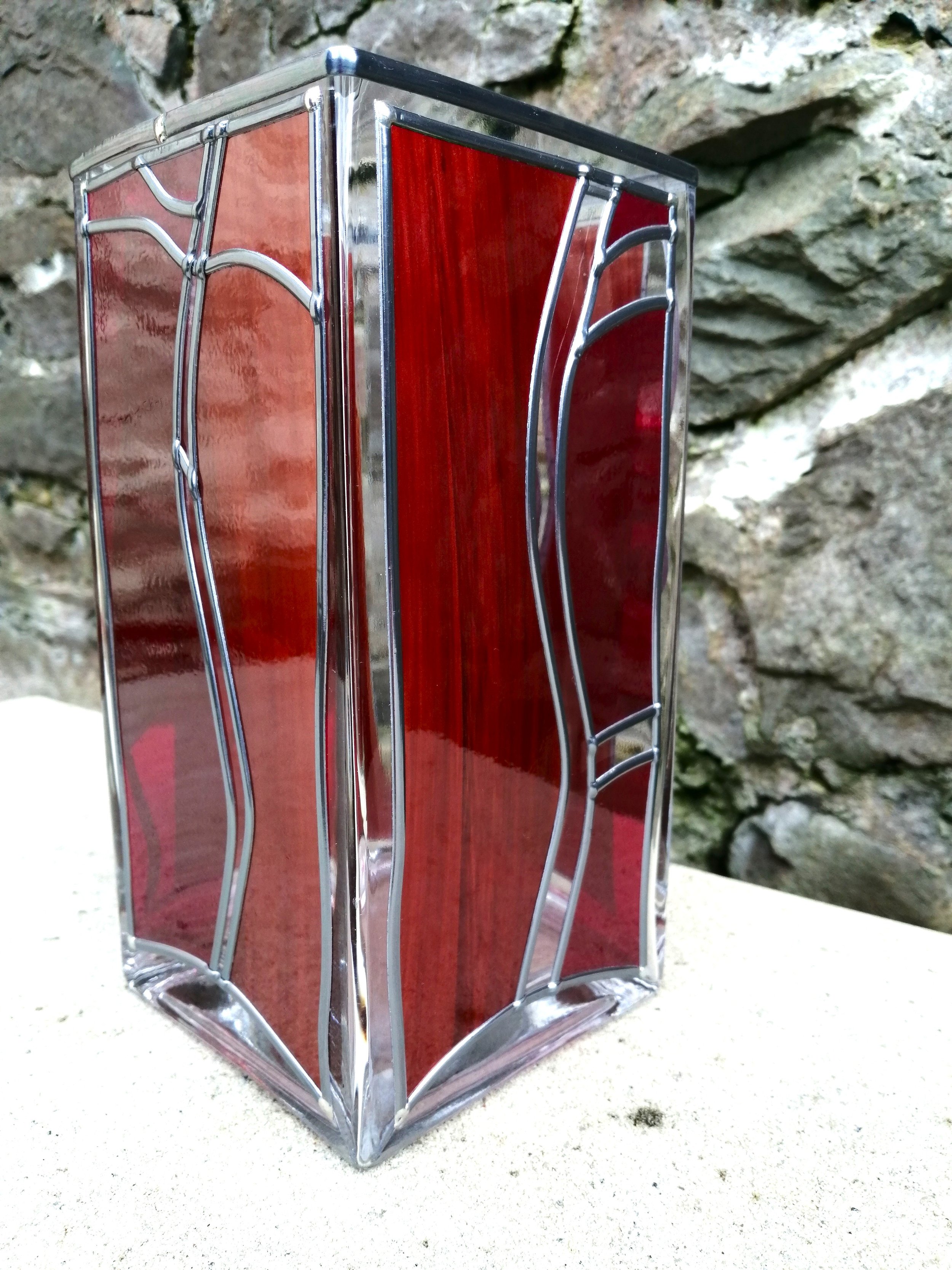 Ruby Delight is a Large Square Stained Glass Effect Flower Vase