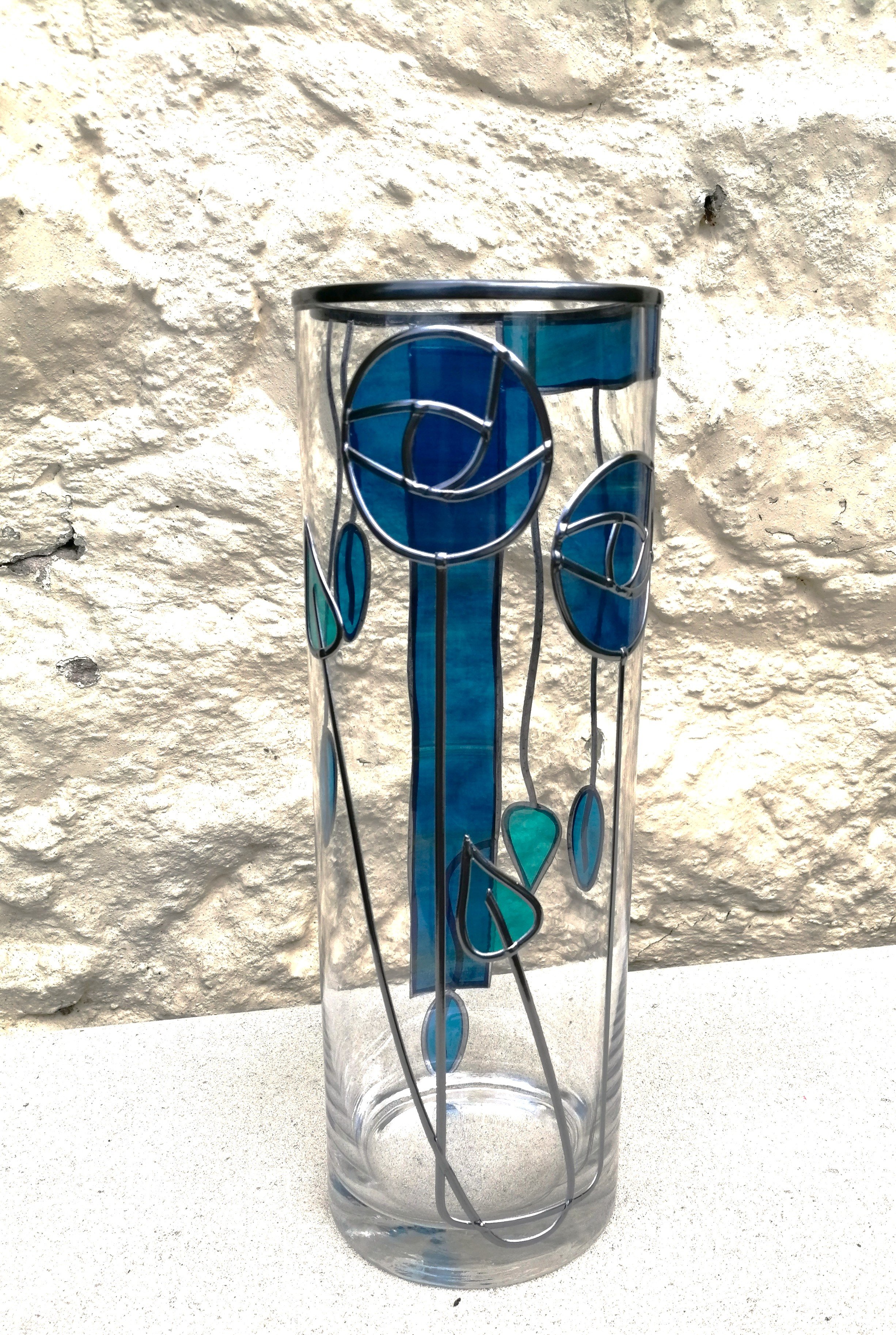 Blue Moon is a Mackintosh Inspired Stained Glass Flower Vase with a Hand Leaded Art Nouveau Design