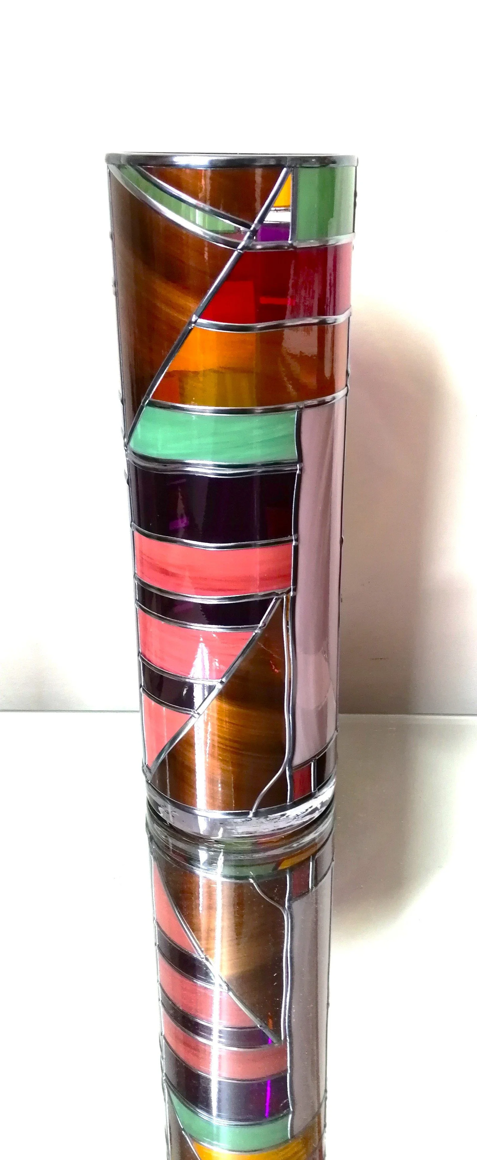 Happiness is a Stained Glass Effect Flower Vase with a Hand Leaded Aet Deco Design