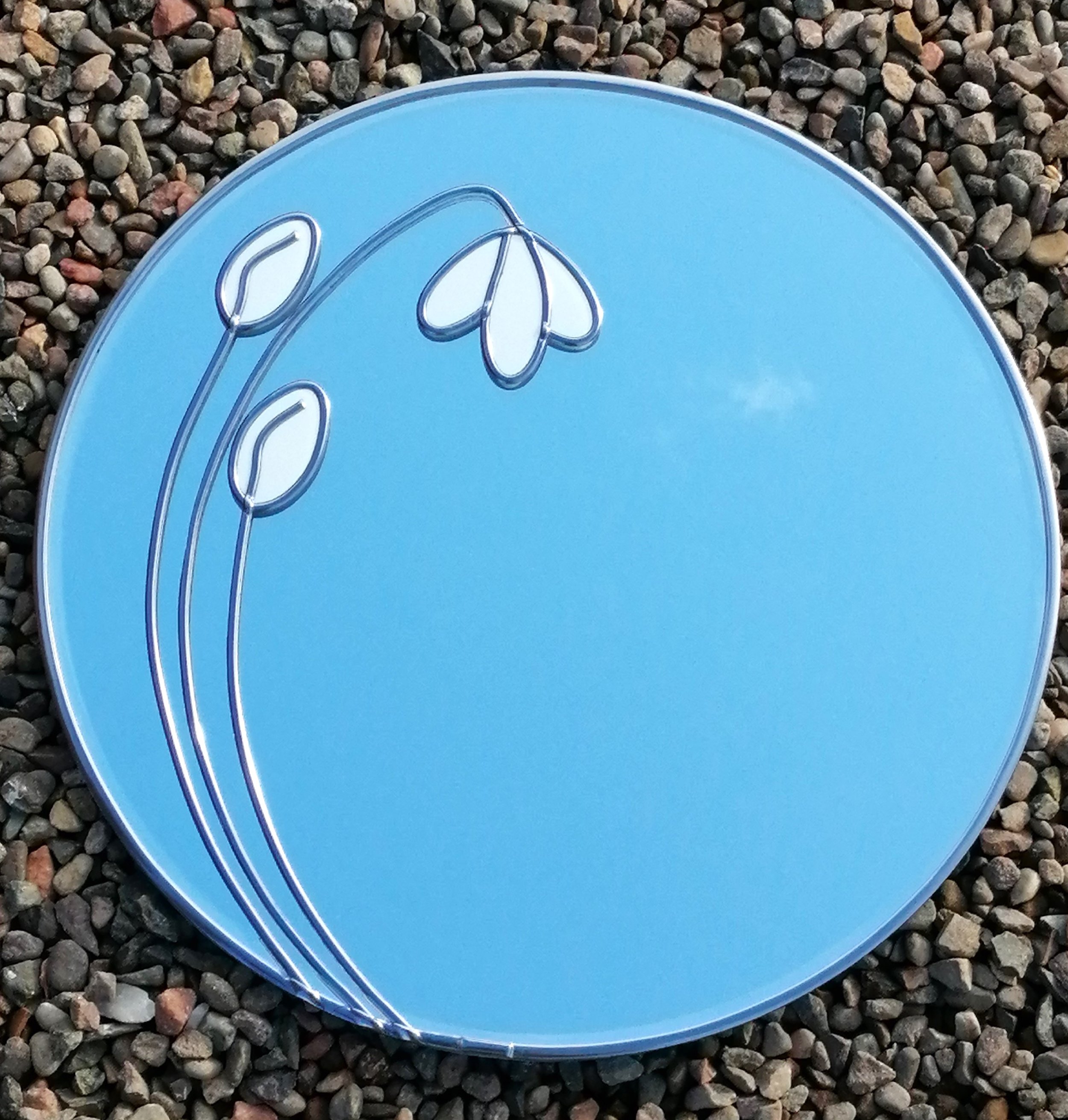 Happy SnowDrop is a Stained Glass Effect Wall Mirror. An Art Nouveau Hand Leaded Design. 30cm Round Supplied, Ready To Hang.