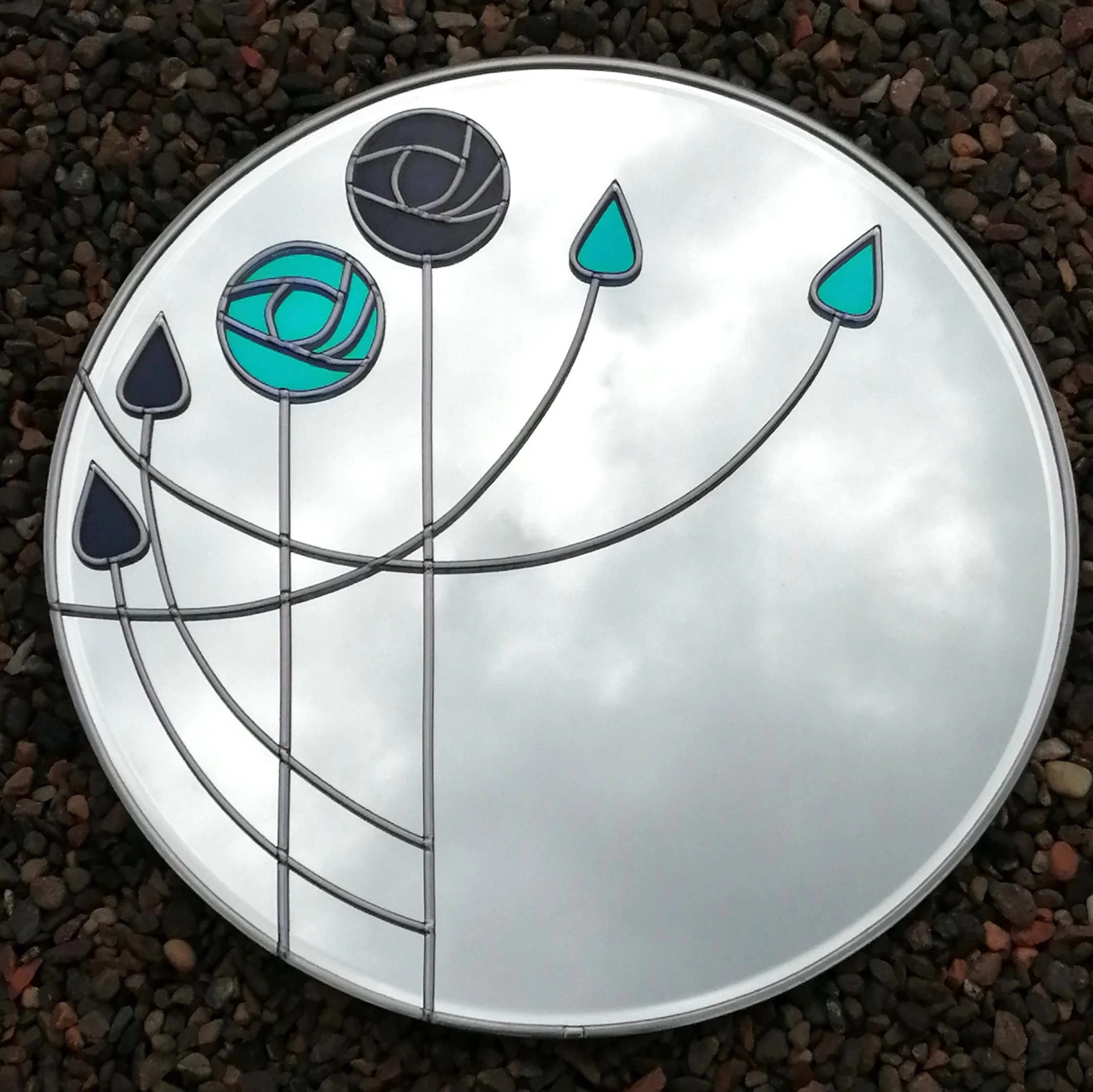 Mackintosh Inspired Art Nouveau Royal Blue and Aqua Art Stained Glass Effect Wall Mirror 35 cm Round