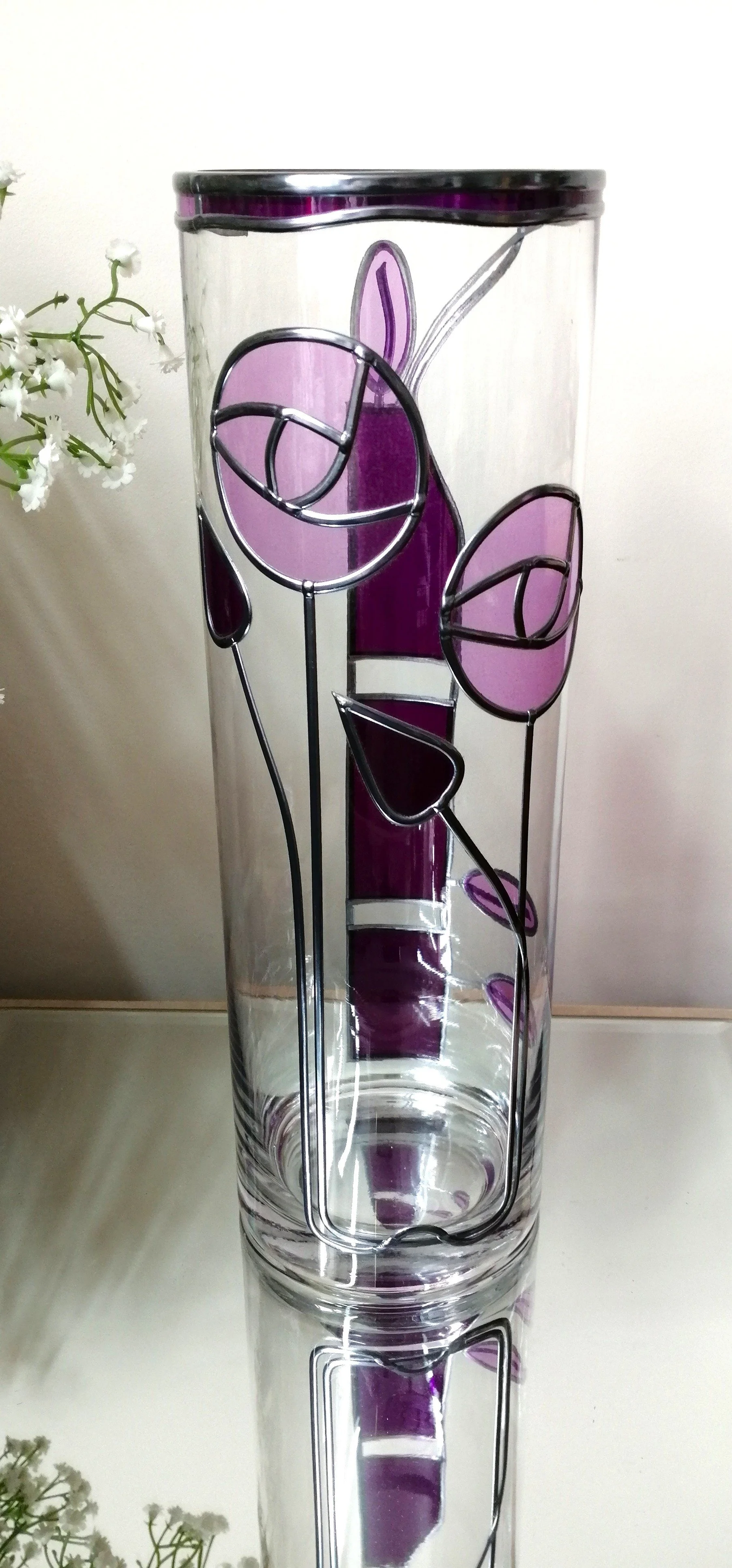 Plum and Lilac Mackintosh Inspired Stained Glass Effect Flower Vase