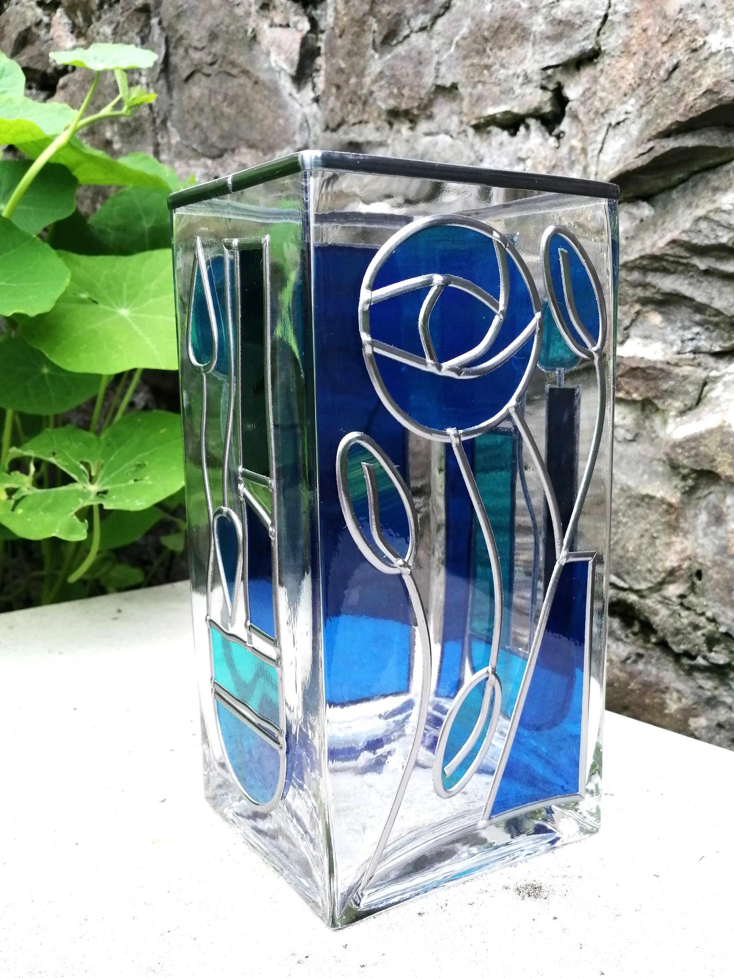 Blue Moon  is a Mackintosh Inspired Stained Glass Flower Vase