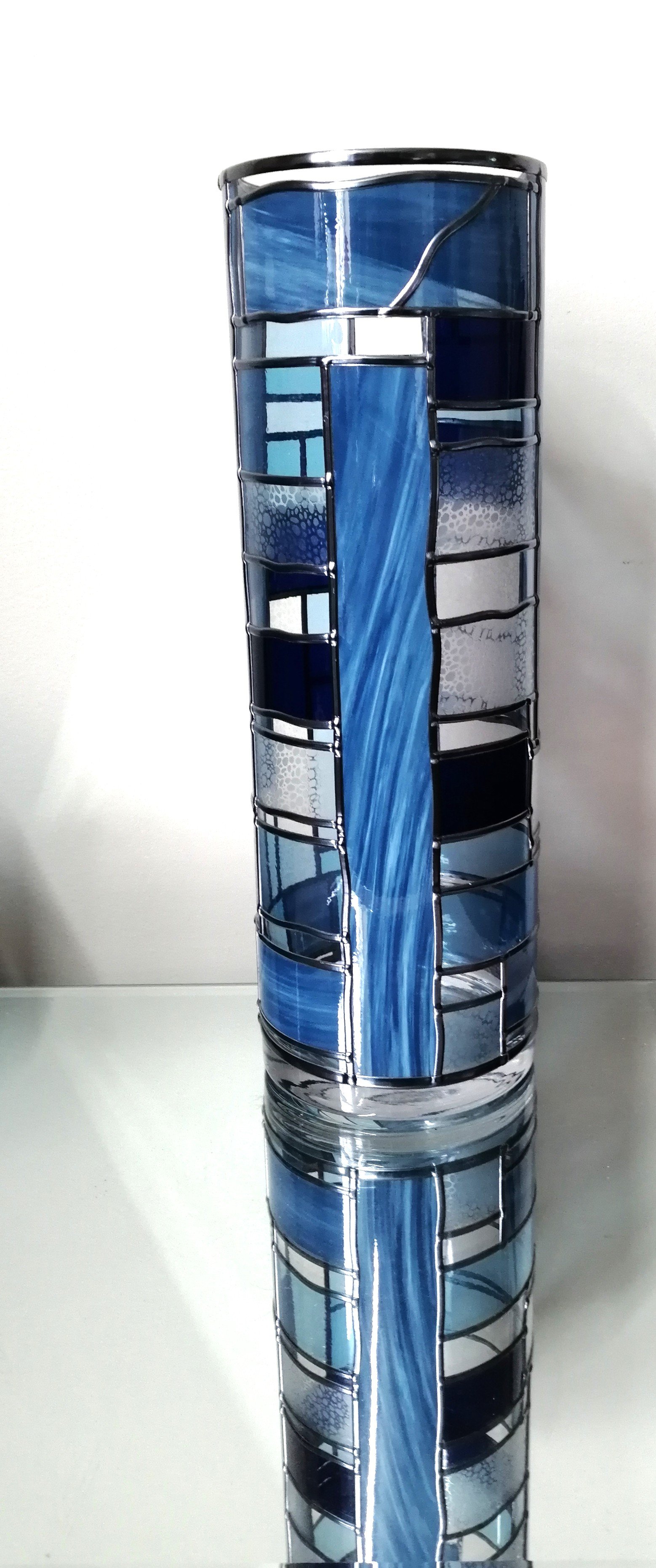 Ocean Breeze is an Art Deco Stained Glass effect Flower Vase. 30cm Tall