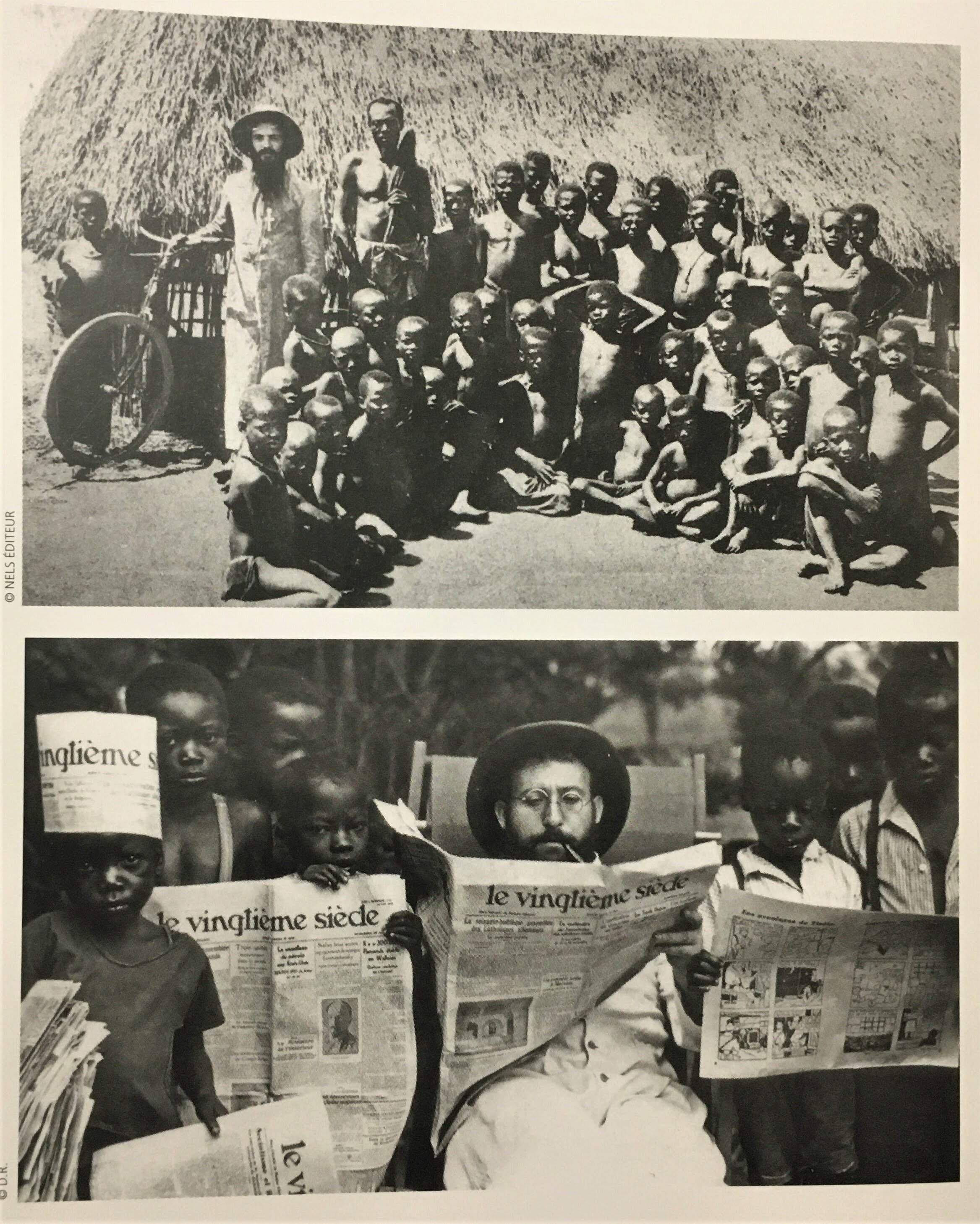   Above:  Belgian missionary with Congolese children.   Below:  Reading  Le Petit Vingiteme  in the Congo (issue unkown).  Maricq, Dominique.  Herge and the Treasures of Tintin . Goodman, 2014. 
