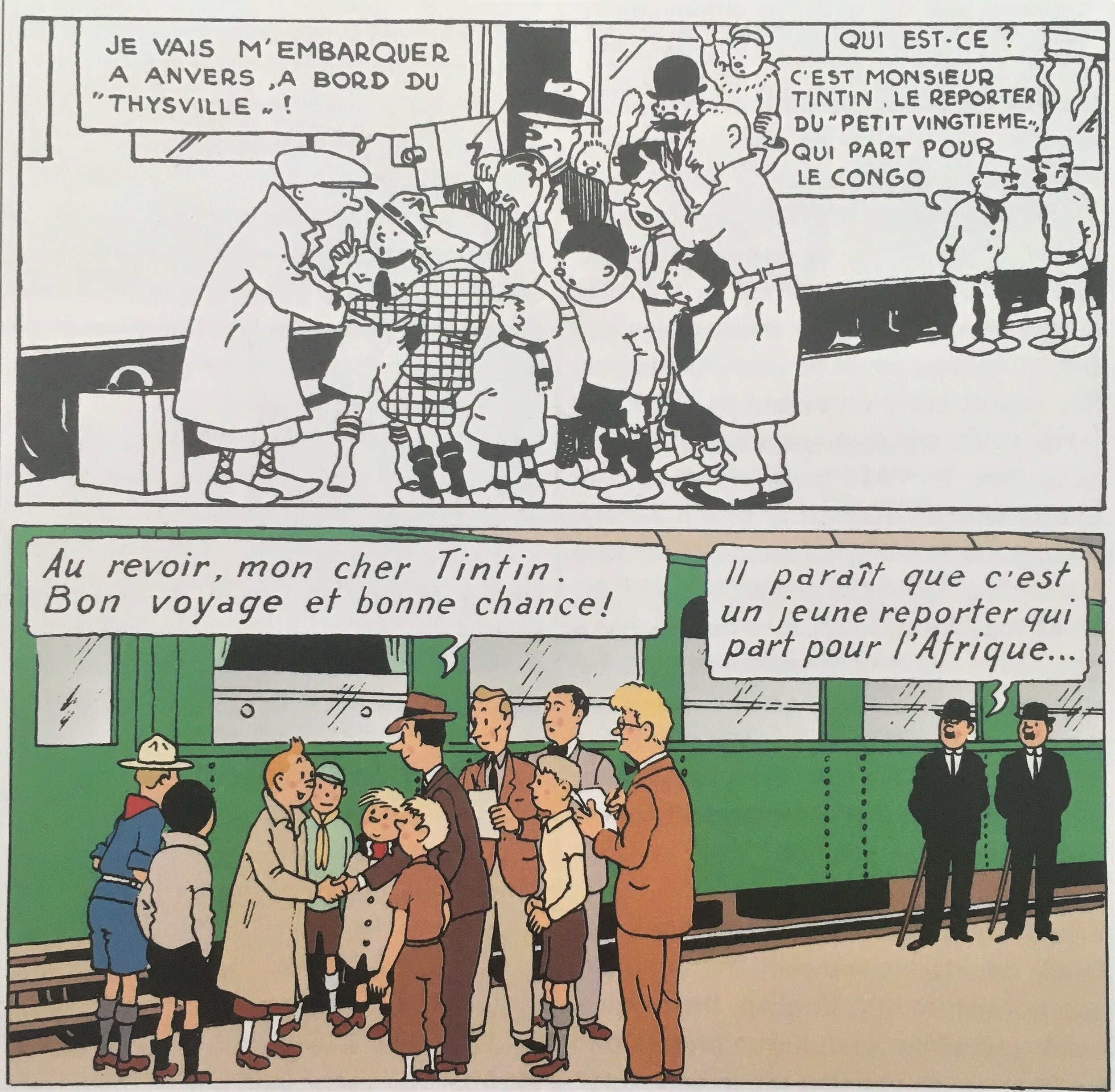  The opening panel was changed in the 1946 edition to include contemprary characters Thompson and Thomson. Herge includes himself as the blonde journalist with a long nose.  Farr, Michael.  Tintin: the Complete Companion . Egmont, 2011. 