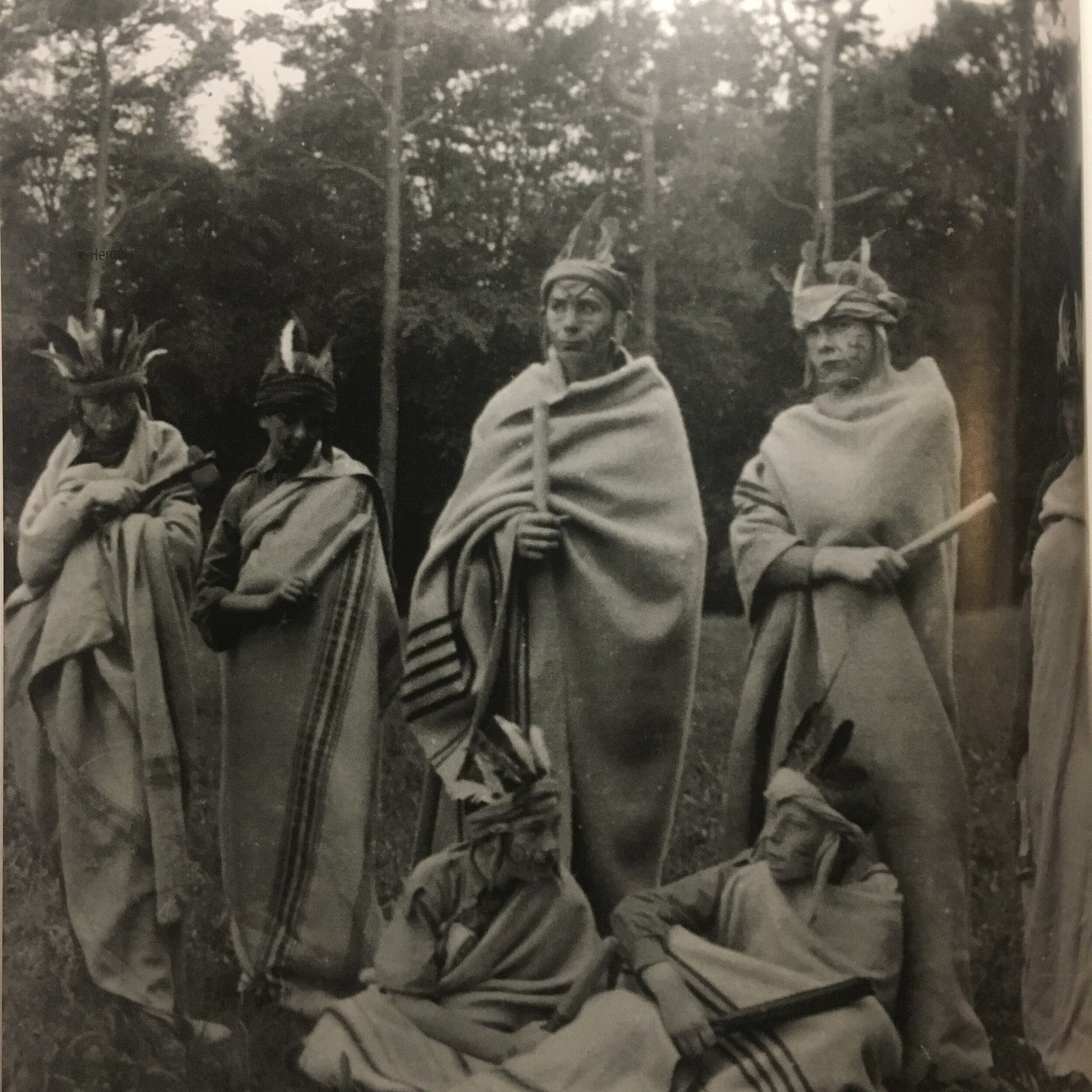  Herge had long-been fascinated by various tribes of the Native Americans. Here is is seen dressed up as members along with the rest of his scout troop on August 1, 1922. (Herge is on the far left).  Daubert, Michel, and Hergé .  Tintin: the Art of 