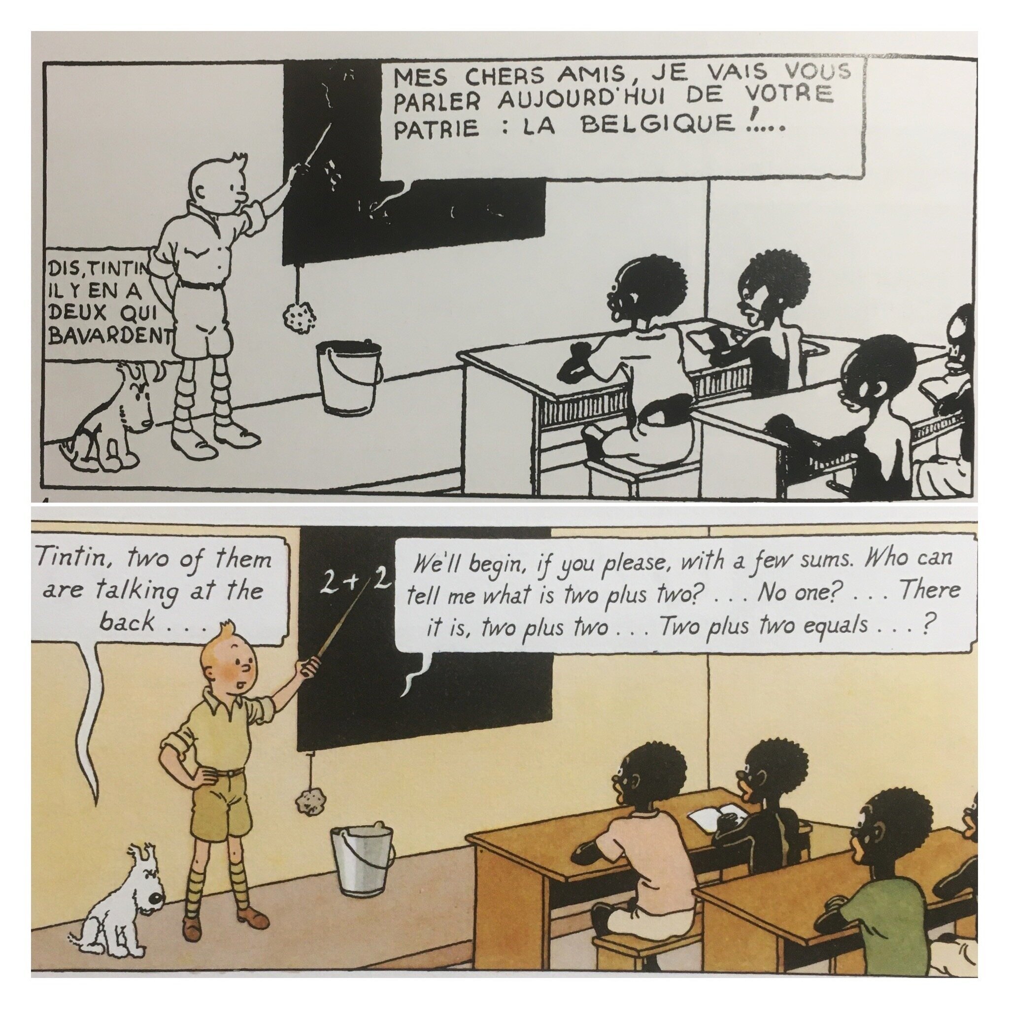  The revised edition replaces Tintin’s lesson on Belgium with one on mathematics. Snowy remains a snitch in both versions 