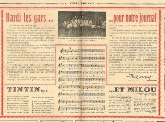  The first appearance of ‘Chanson de Tintin et Milou’ in a 1938 issue of magazine  Coeurs Vaillants . 