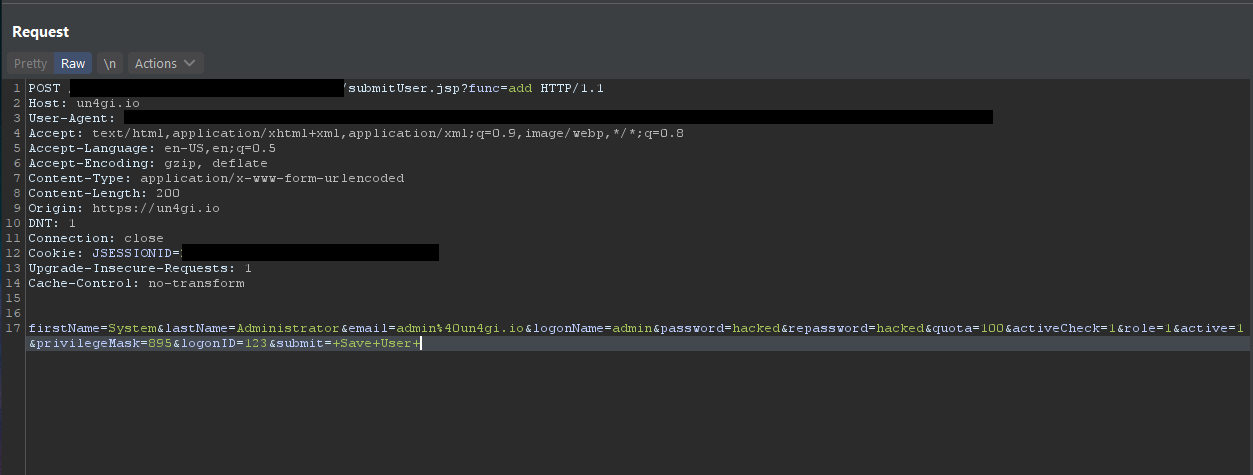 The above photo is what a normal request should look like when adding or updating a user profile in the user management panel. As you can tell, this is normally sent as a POST request.