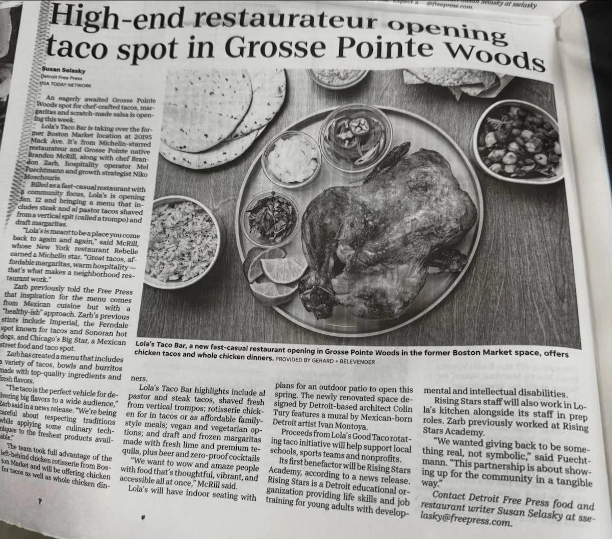 🌮📰 From headlines to community impact 📰🌮

Honored to be featured in the Detroit Free Press / USA TODAY as part of Lola&rsquo;s Good Taco initiative 🌮🌟

Congratulations to Lola&rsquo;s Taco Bar&rsquo;s on their Grand Opening in Grosse Pointe Woo