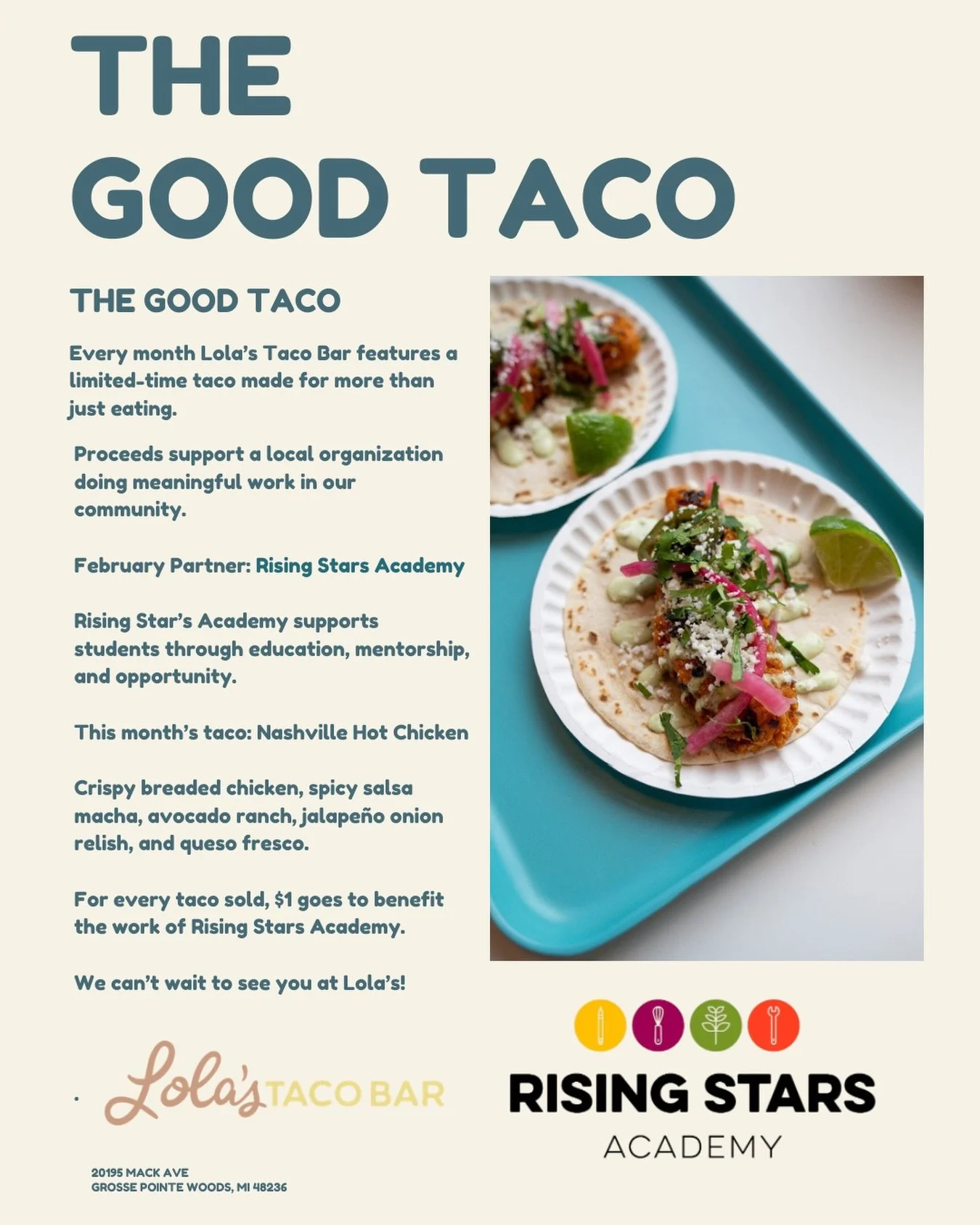 LAST CALL for The Good Taco at Lola&rsquo;s Taco Bar 🌮❤️
Because of YOU, we&rsquo;ve raised $953 for Rising Stars Academy students &mdash; and we&rsquo;re just $47 away from hitting 1,000 tacos sold!
There are only TWO days left to order the Lola&rs