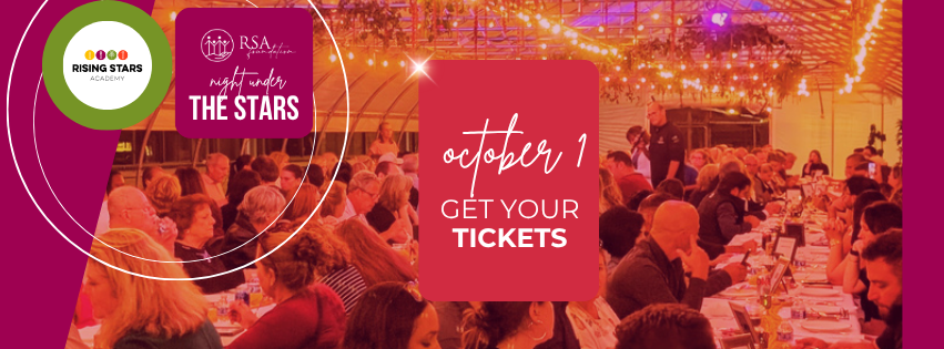 Event poster for 'Night Under the Stars' at Rising Stars Academy, happening on October 1. The poster encourages viewers to get tickets. The background shows a large gathering of people seated at tables inside a decorated venue with warm lighting.