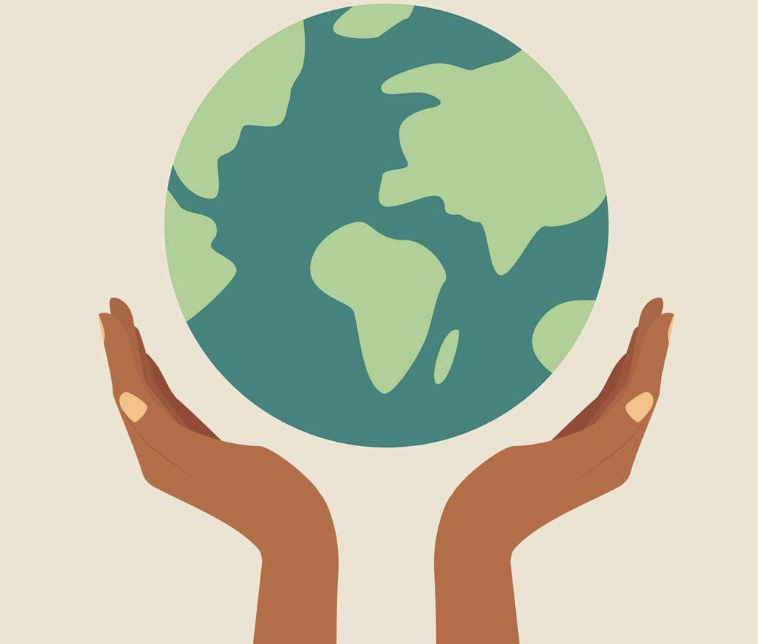 Two brown hands cradling a stylized green and teal globe on a beige background.
