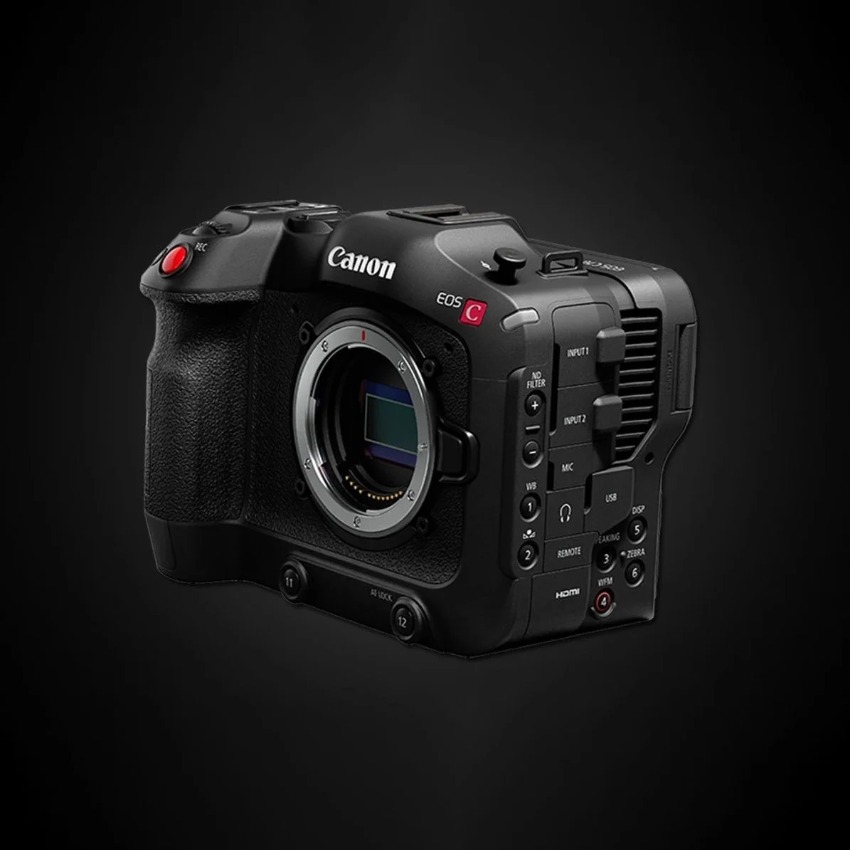 Canon EOS C70 camera on a smooth surface in a studio, ready for product video production