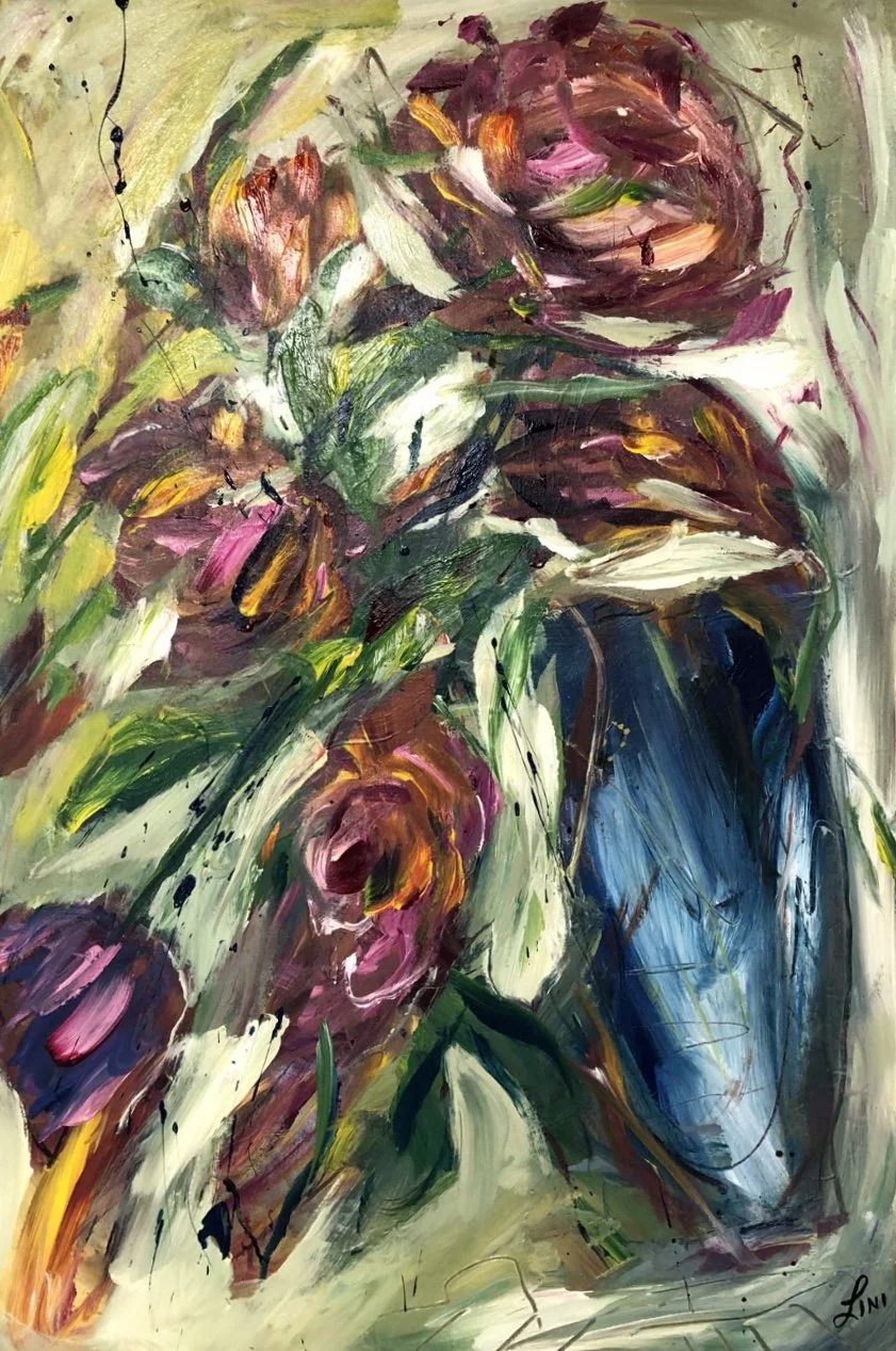 Blue Vessel with Flowers - 24x36in