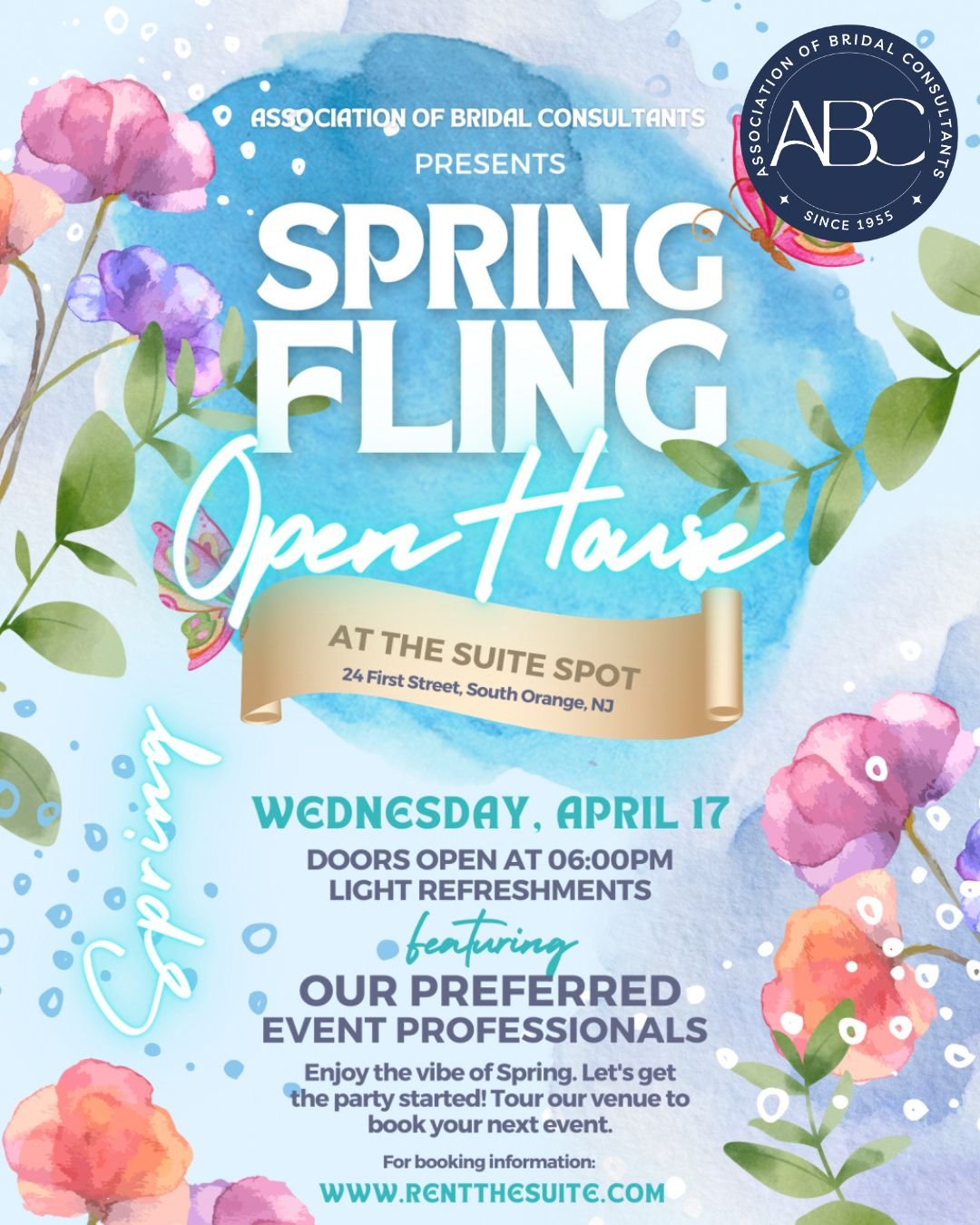 An invitations for all New Jersey Wedding Professionals😊

The Association of Bridal Consultants @abcassoc welcomes you to our Spring Fling Open House at The Suite Spot! Join us for a fun-filled time of exploring this venue space, meeting our team, a