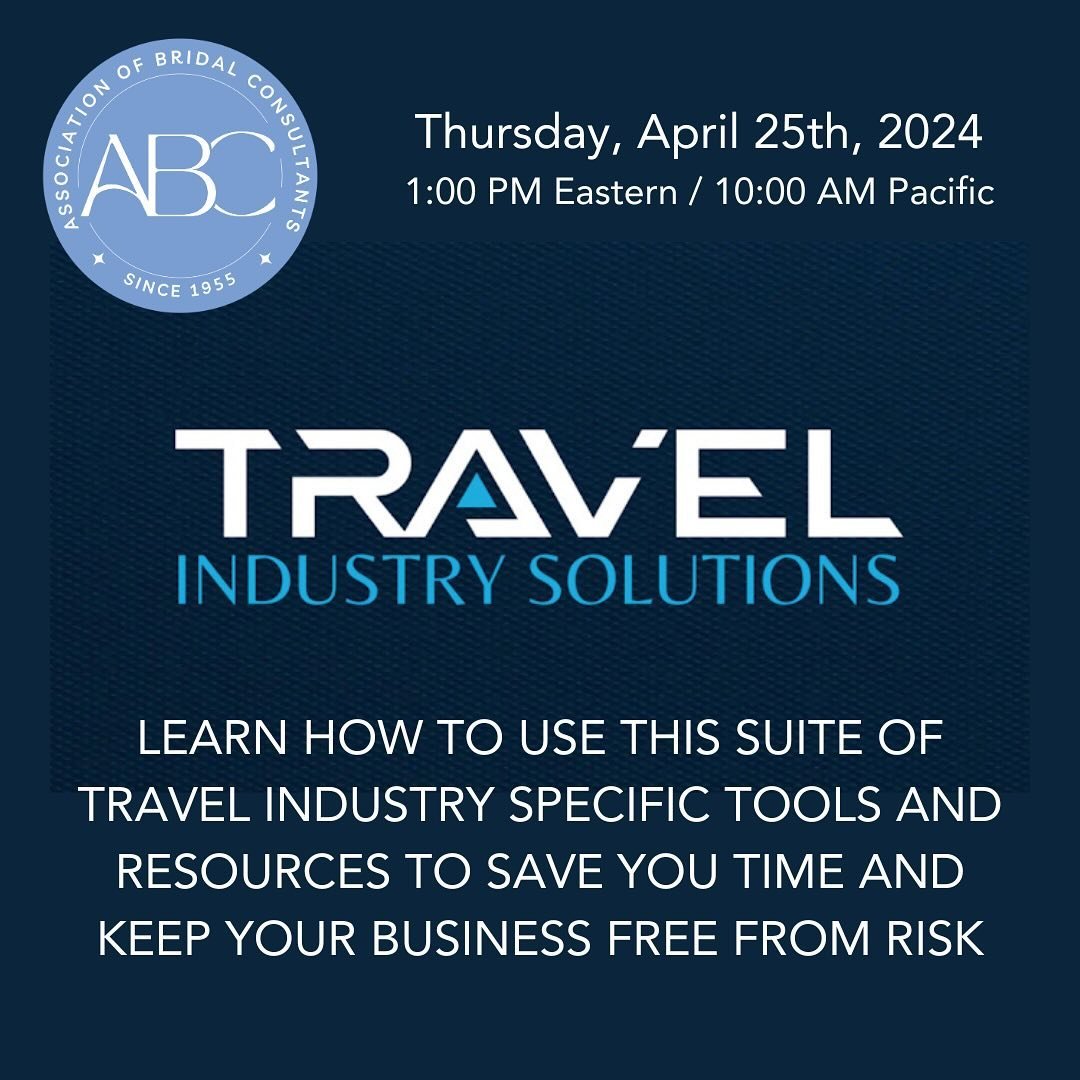 A webinar for @abcassoc members who sell travel presented by one of our newest partners @travelindustrysolutions 

Travel Industry Solutions has all the tools you need to succeed! Being a travel agent or agency owner is rewarding, but not without cha