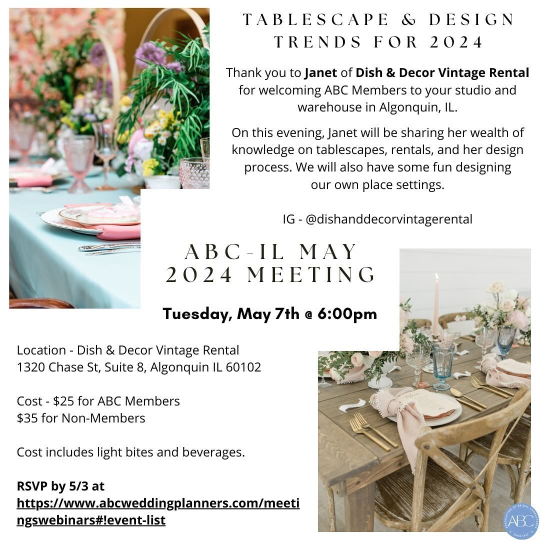ABC ILLINOIS MEMBERS!!!

Tablescape and Design Trends Workshop

Thank you to Janet of Dish &amp; Decor Vintage Rental for welcoming ABC Members to your studio and warehouse in Algonquin, IL.

On this evening, Janet will be sharing her wealth of knowl