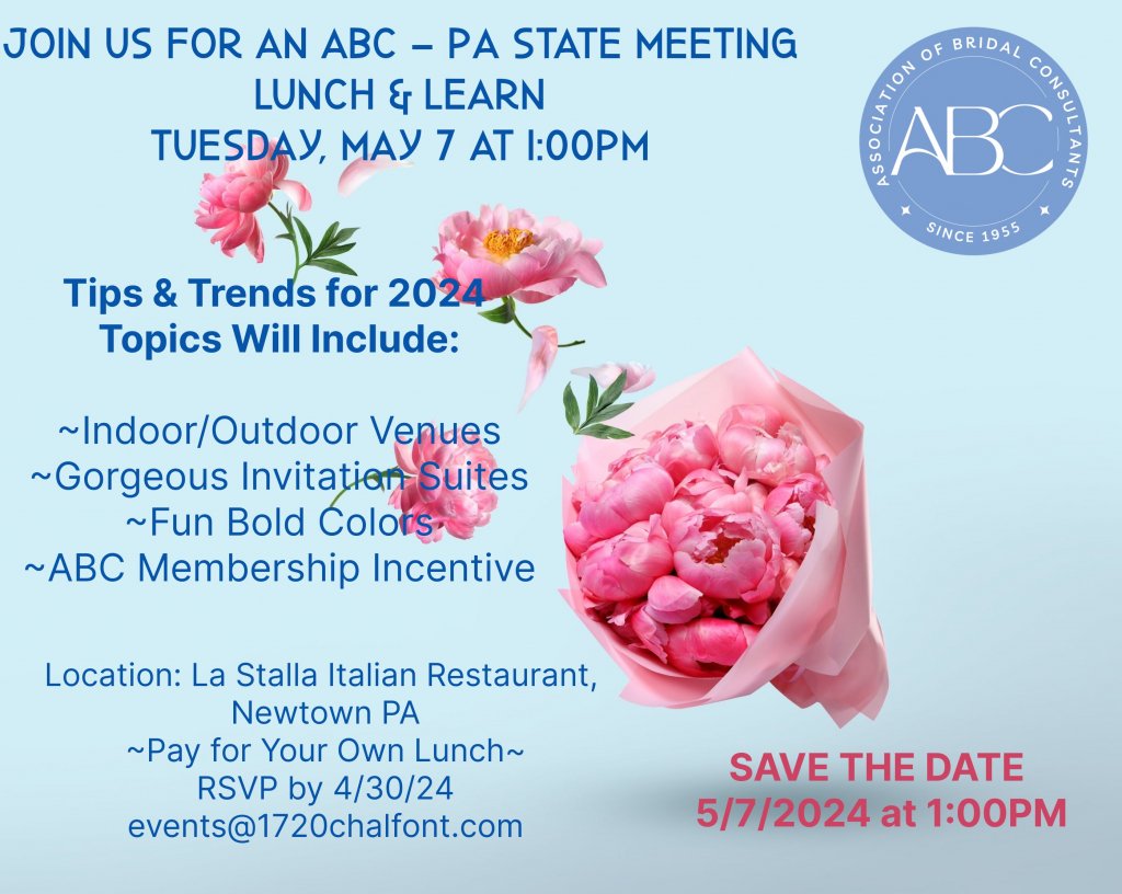 ABC PENNSYLVANIA STATE MEETING
Lunch &amp; Learn
 
Tuesday, May 7th at 1:00 PM

We can't wait to see you in person at our ABC PA State Meeting. @abcassoc
We'll be discussing multiple topics, tips &amp; trends for 2024.
~Indoor/Outdoor Venue
~Gorgeous