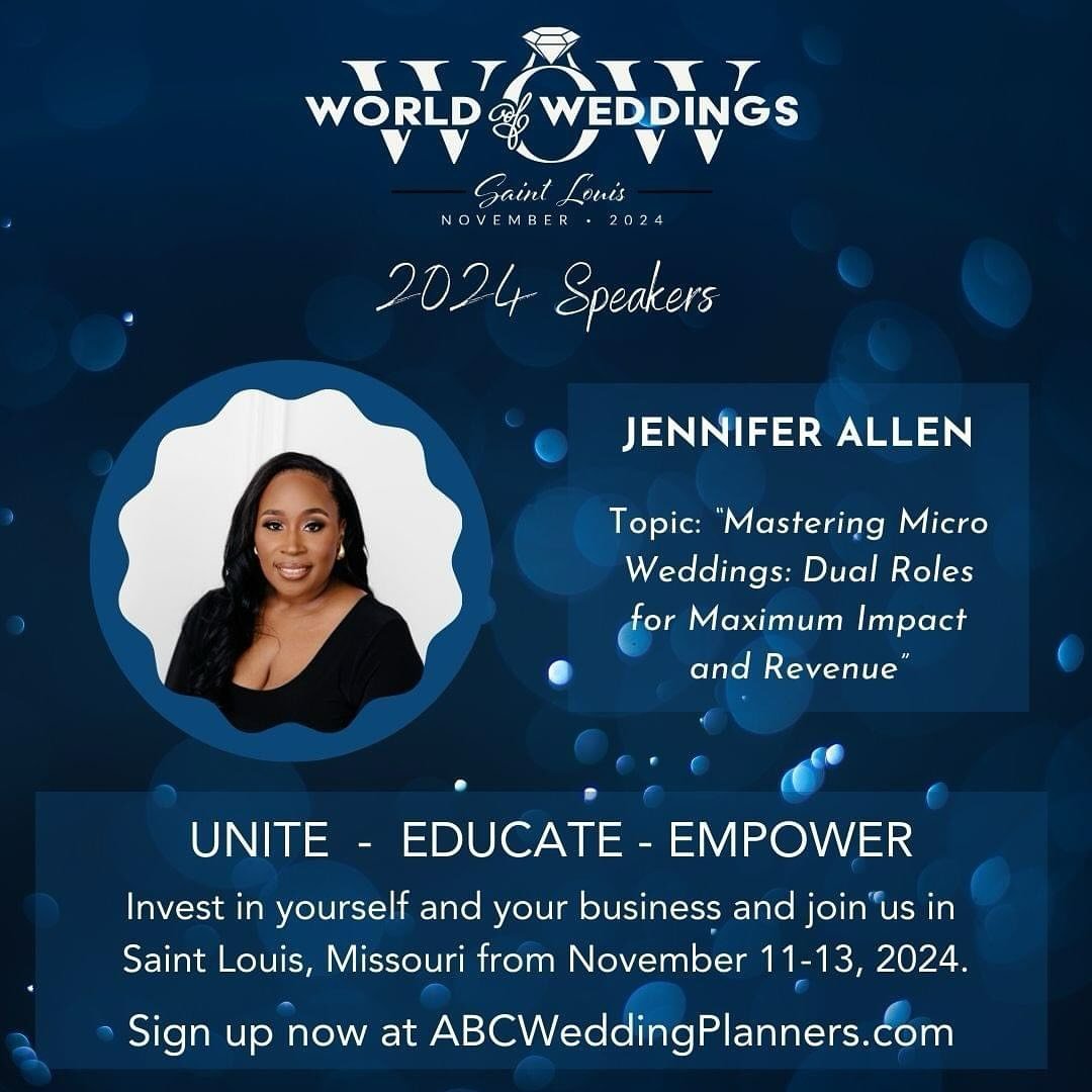 ANNOUNCING OUR 2024 CONFERENCE SPEAKERS🎉

JENNFER ALLEN
IG: @justelopellc
FB: Just Elope LLC 

SPEAKER TOPIC: &ldquo;Mastering Micro Weddings: Dual Roles for Maximum Impact and Revenue&rdquo;

The World of Weddings Conference is your chance to UNITE