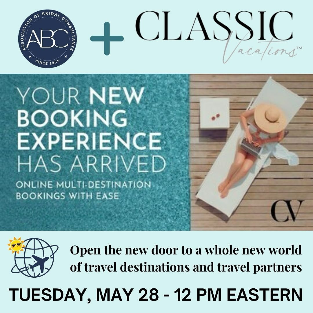 UPCOMING WEBINAR FOR ABC MEMBERS WHO SELL TRAVEL🧳✈️

Introducing our new travel partnership with Classic Vacations! Open the door to a whole new world of  travel destinations and travel partners across the globe. Giving you and your clients access t