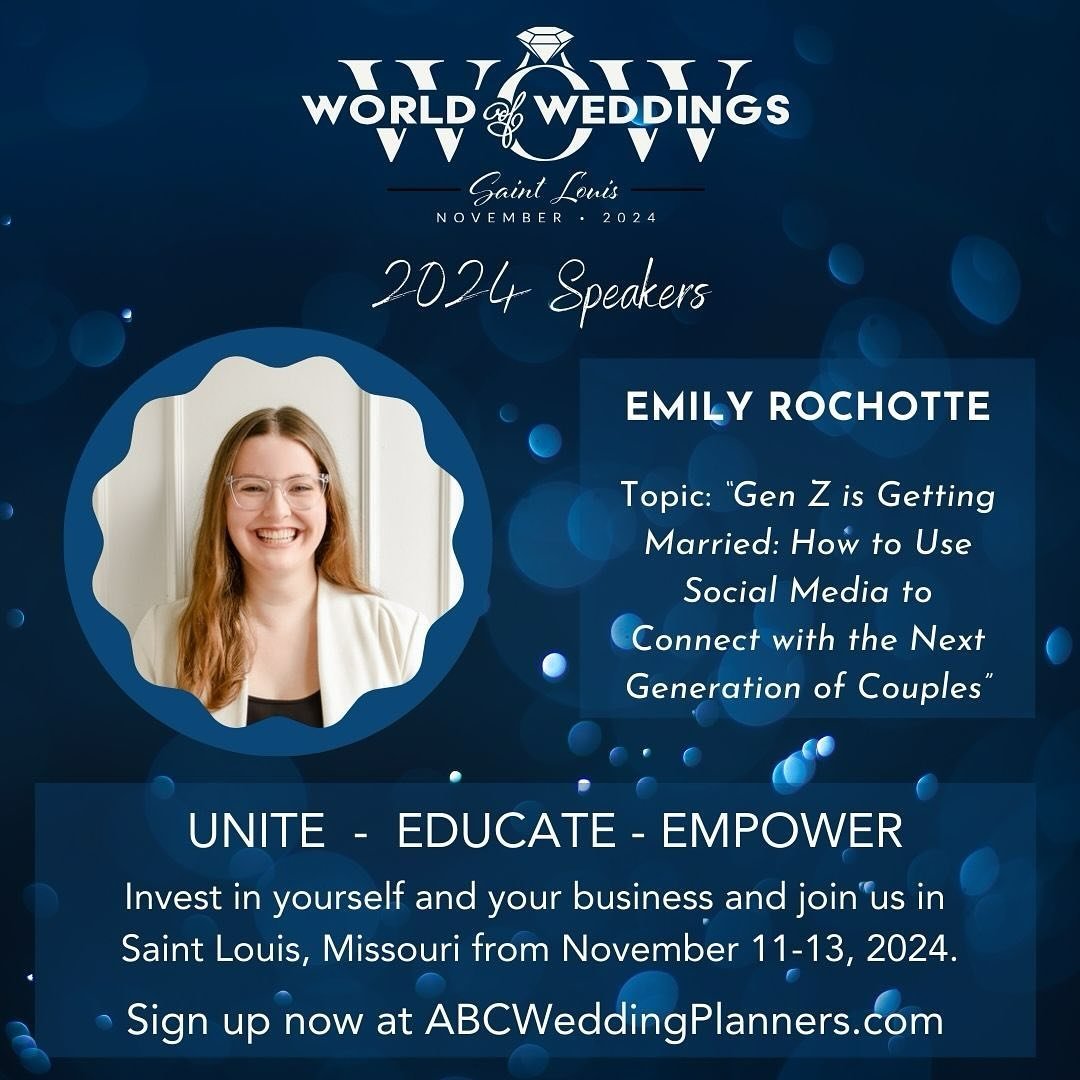 ANNOUNCING OUR 2024 CONFERENCE SPEAKERS🎉

EMILY ROCHOTTE
IG: @emilyrochotte
FB: @Emily Rochotte

SPEAKER TOPIC: &ldquo;Gen Z is Getting Married: How to Use Social Media to Connect with the Next Generation of Couples&rdquo;

Emily is an expert conten