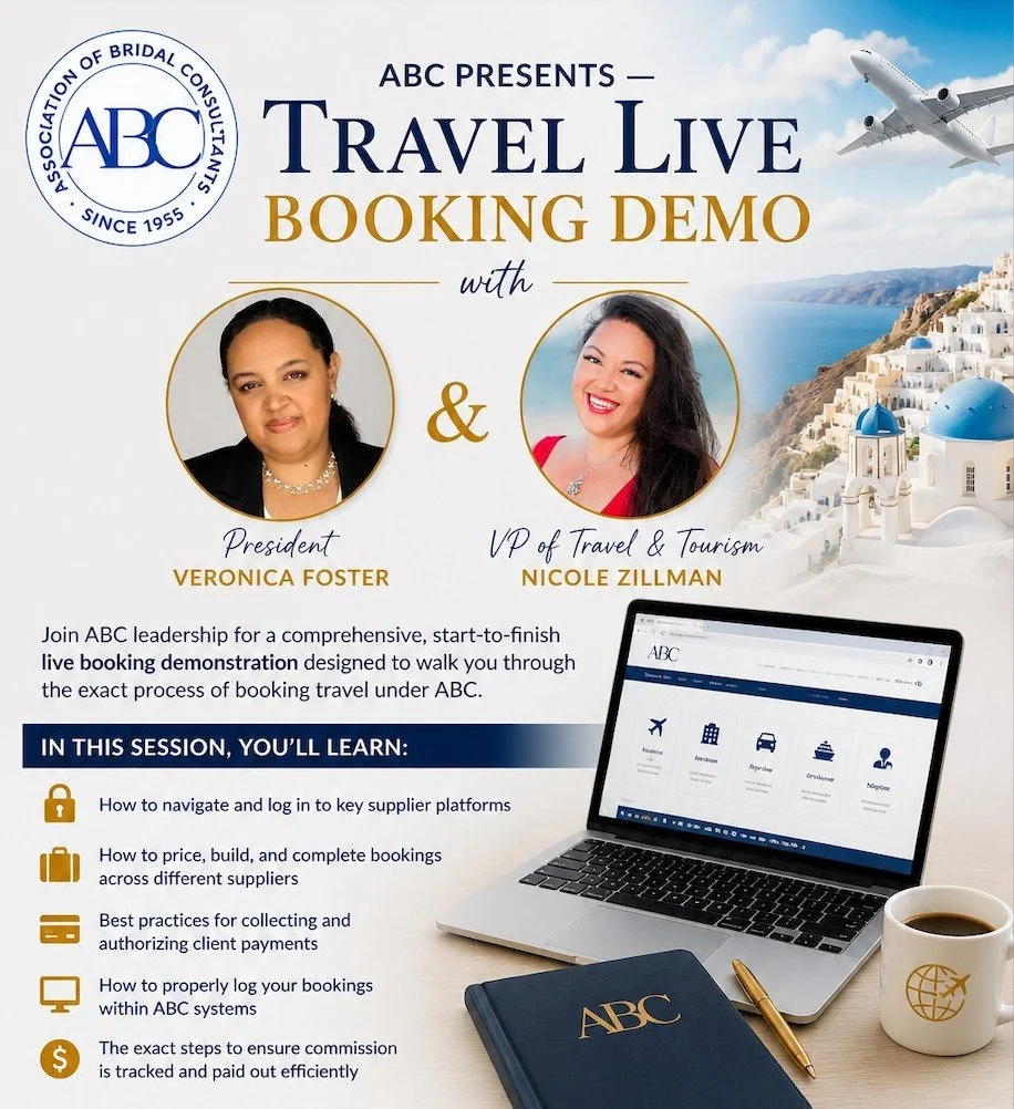 Join President Veronica Foster &amp; VP of Travel &amp; Tourism Nicole Zillman for a comprehensive, start-to-finish live booking demonstration designed to walk you through the exact process of booking travel under ABC.

In this session, you&rsquo;ll 